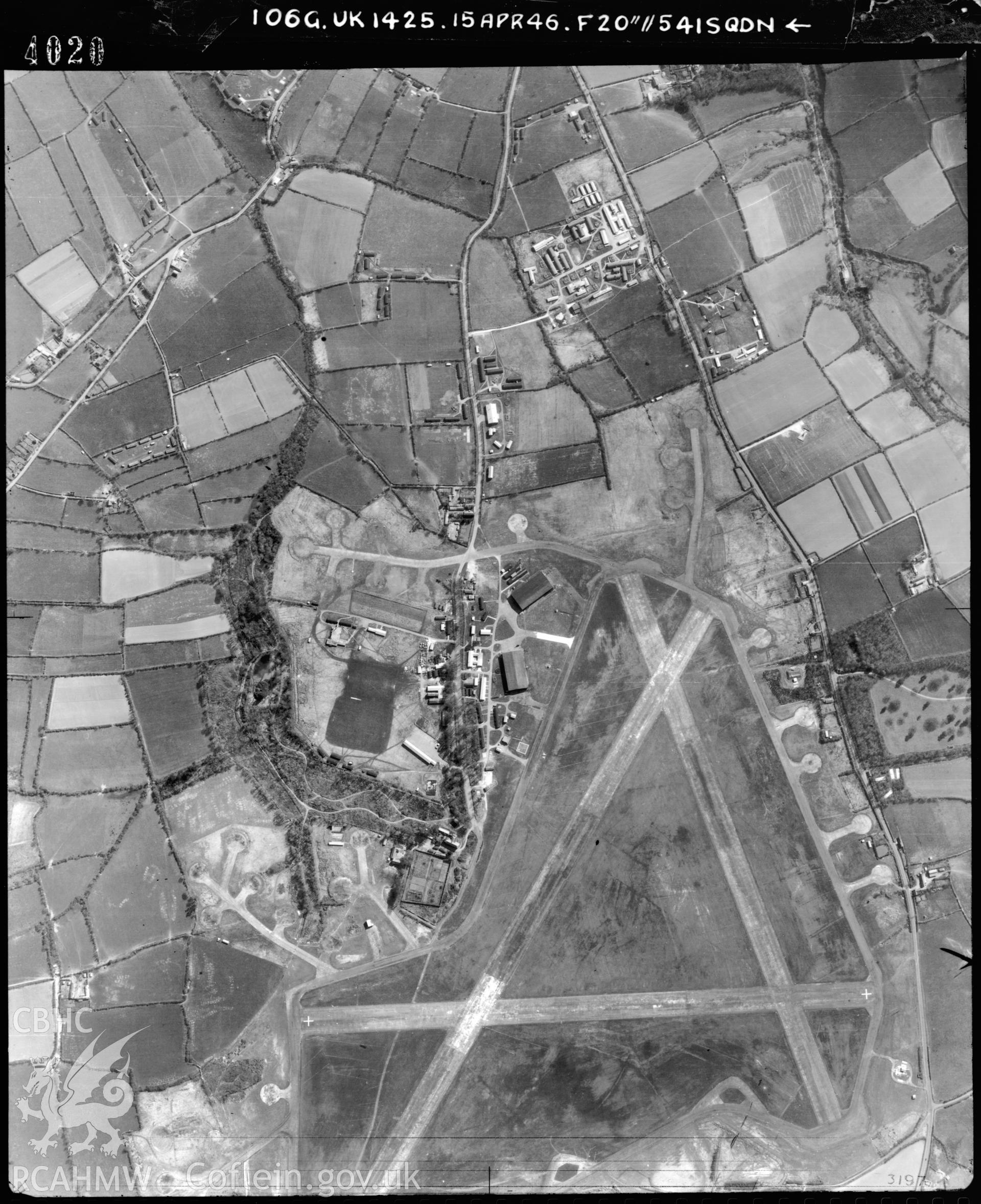 Black and white vertical aerial photograph taken by the RAF on 15/04/1946 centred on SM95841838 at a scale of 1:10000. The photograph includes part of Rudbaxton community in Pembrokeshire.