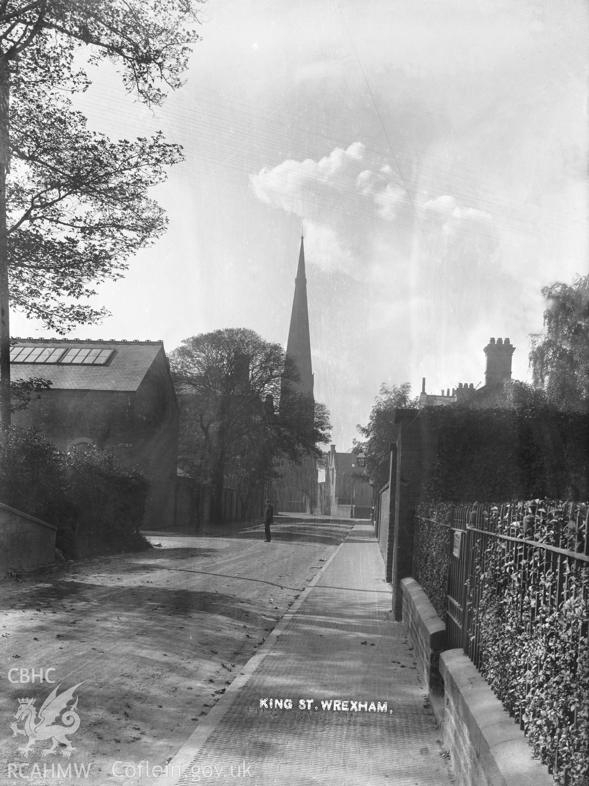 A black and white photograph of King Street, Wrexham, from the Davies Collection.