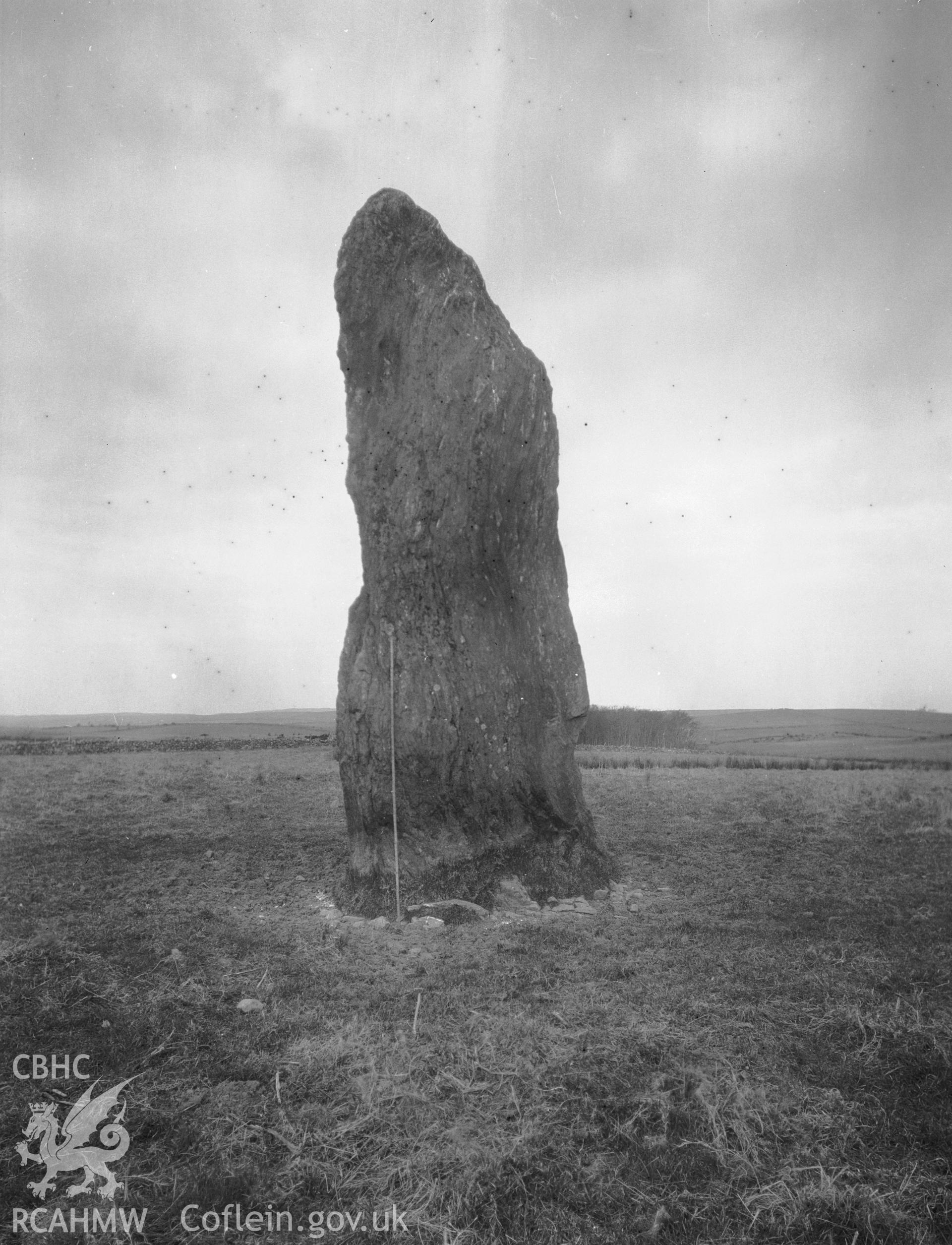 Black and white photograph showing maenhir from the west, taken by RCAHMW, February 1932.