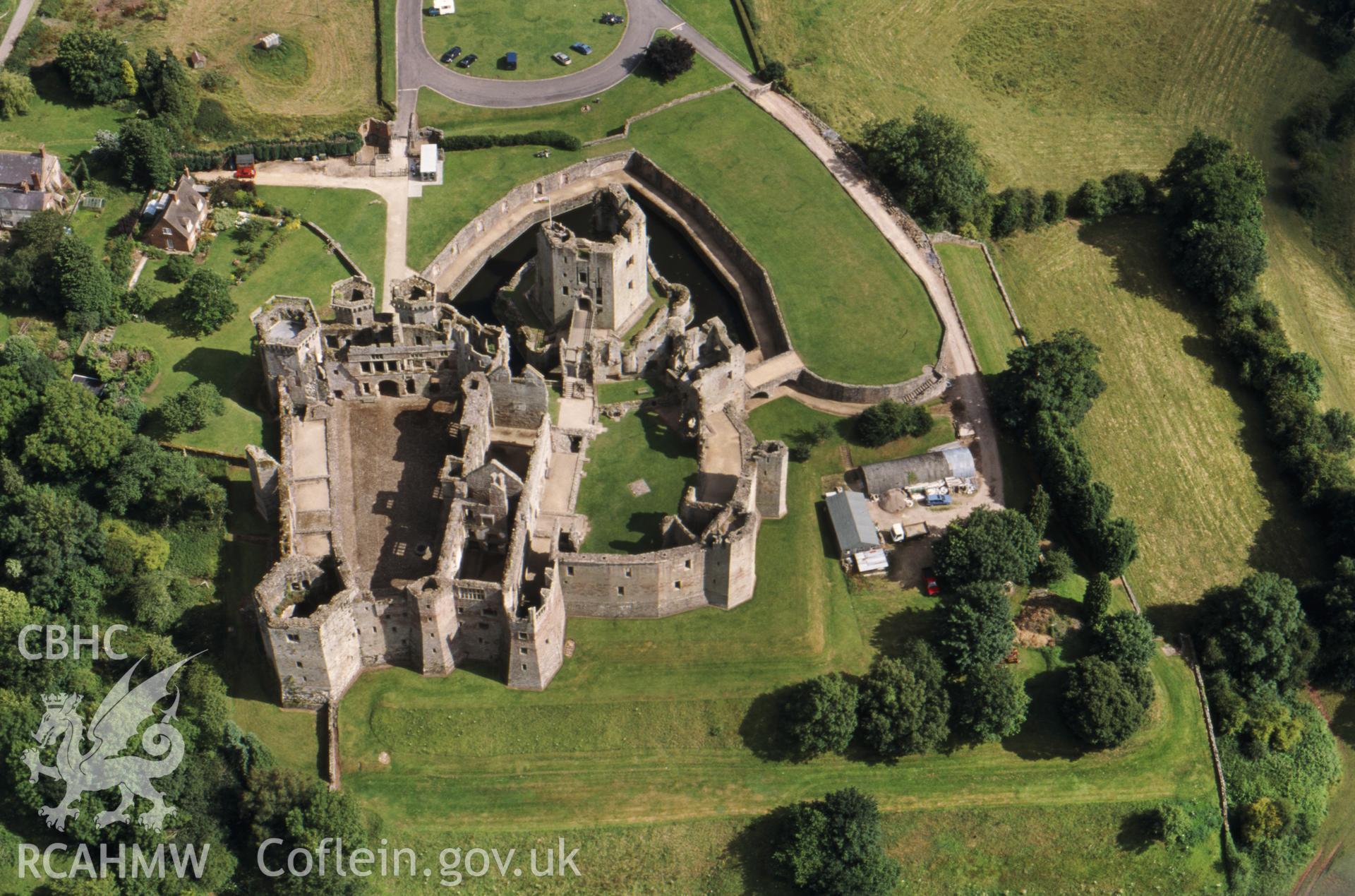 RCAHMW colour slide oblique aerial photograph of Raglan Castle., taken by Toby Driver, 2001