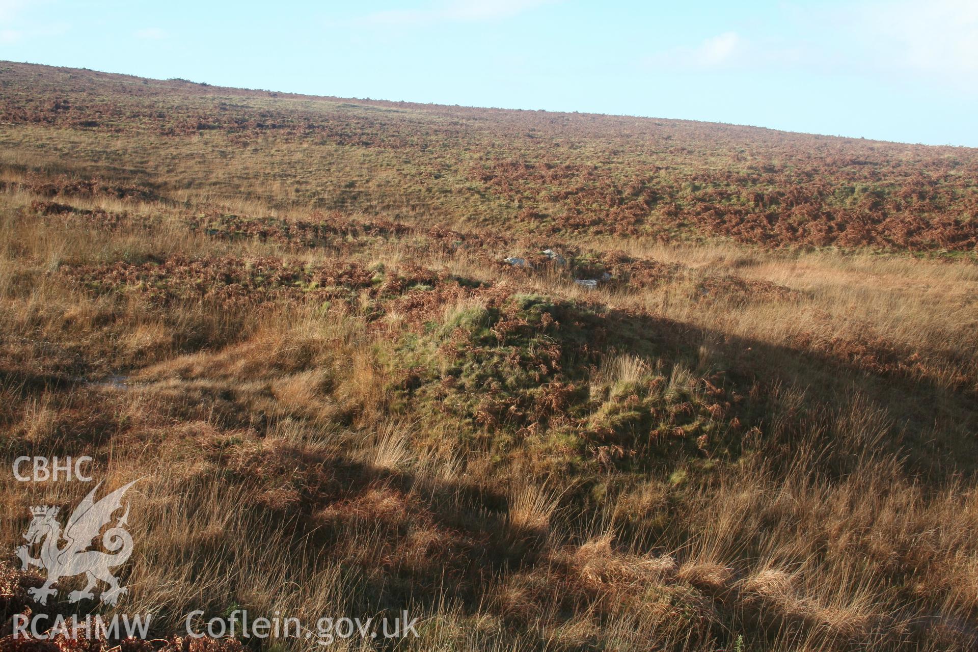 Burnt mound, Cefn Bryn. Mound viewed from the east, crescent open to stream.