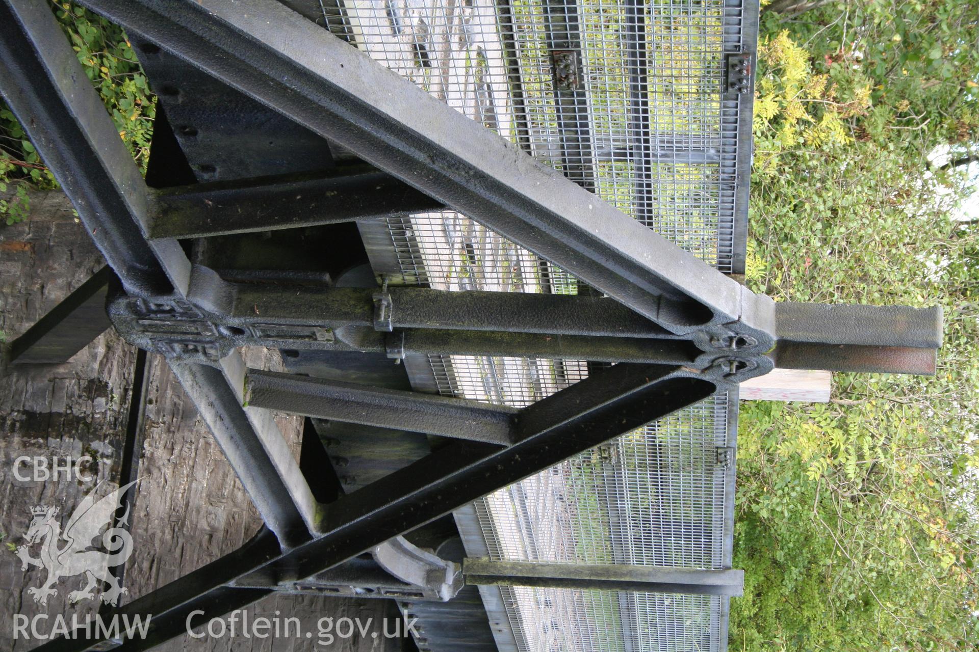 Detail of the main upright of the southern A-frame from the south-west, showing the dovetail and mortice and tenon jointing used in the construction of the 'truss'