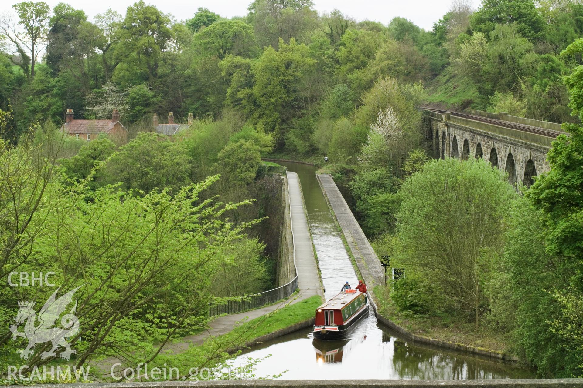 Canal and aqueduct from north northwest, viewed from above.