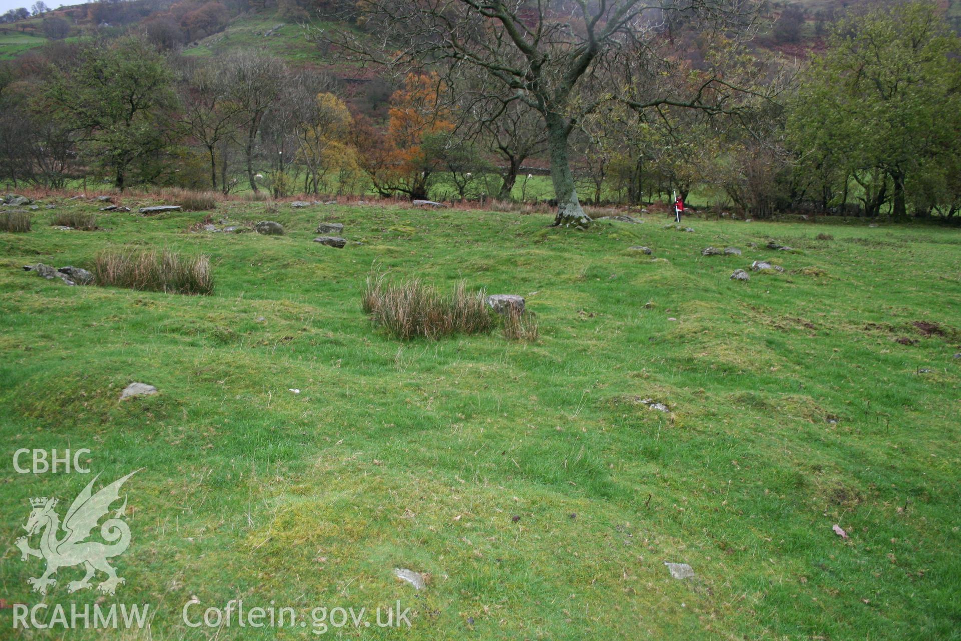 Looking across the earthwork remains of the Cwm Du settlement from the north