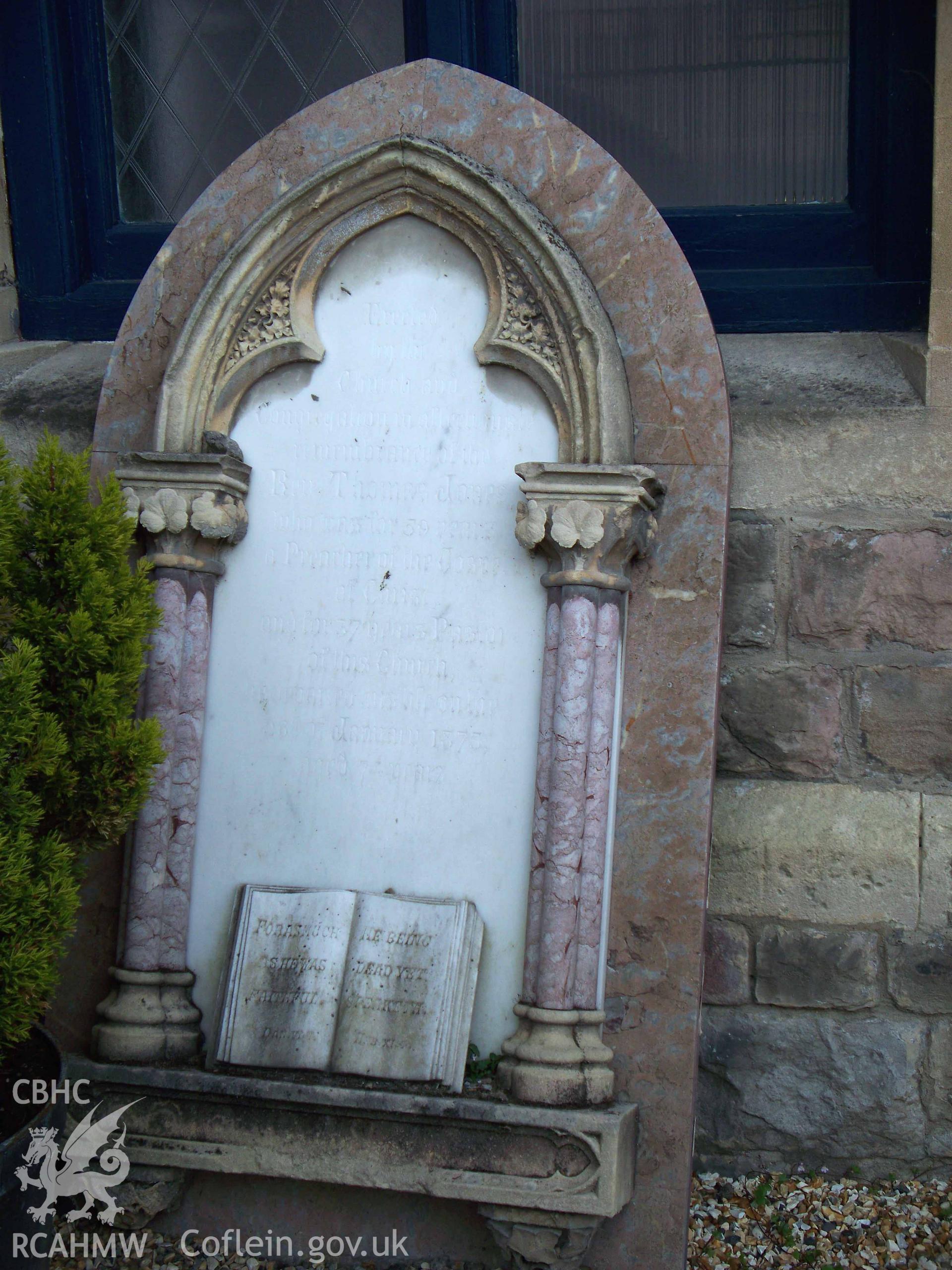 Removed wall memorial tablet to Rev. Thomas Jones, 28 Jan. 1873, aged 76 years.