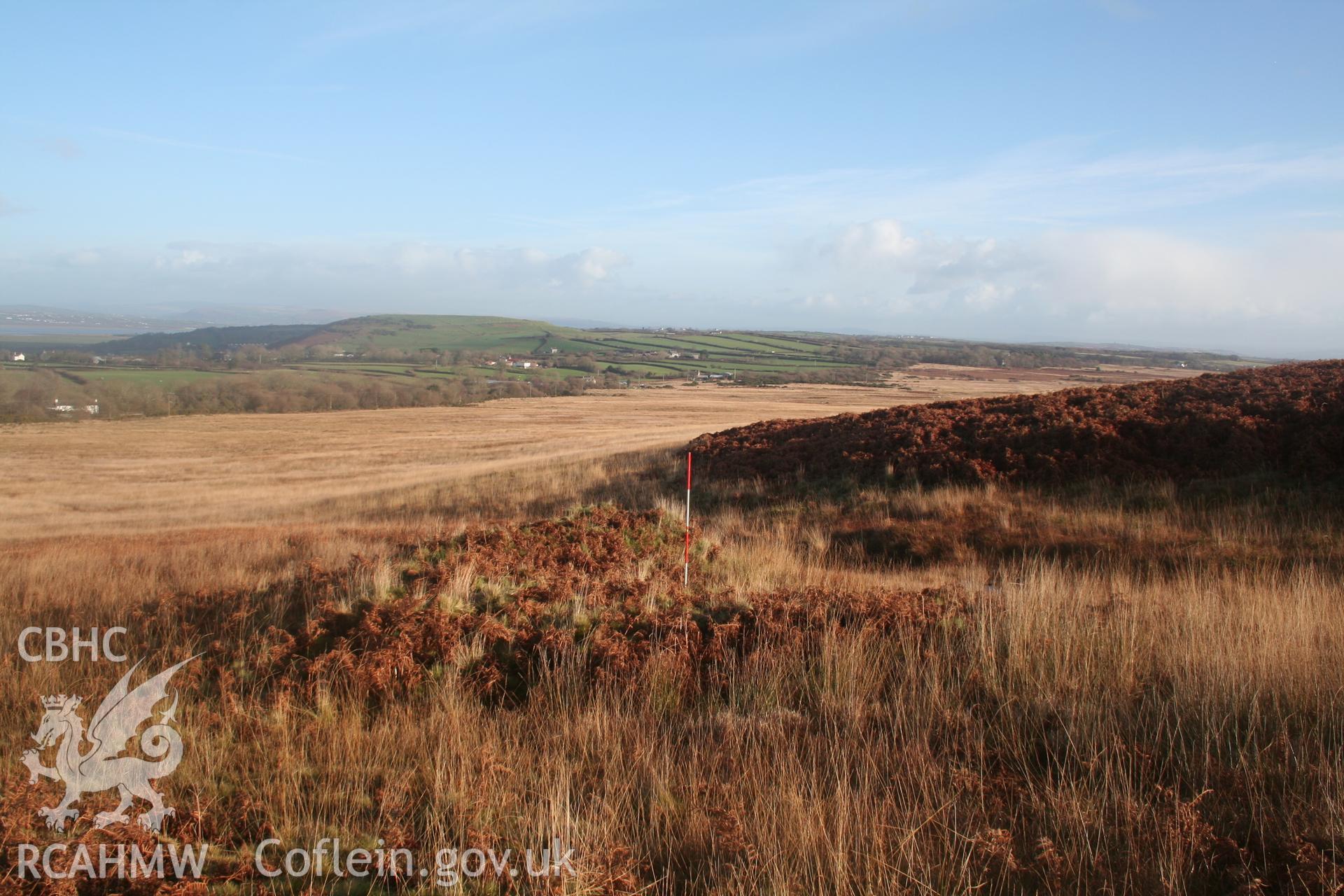 Burnt mound, Cefn Bryn. View of mound from the west; 2m scale.