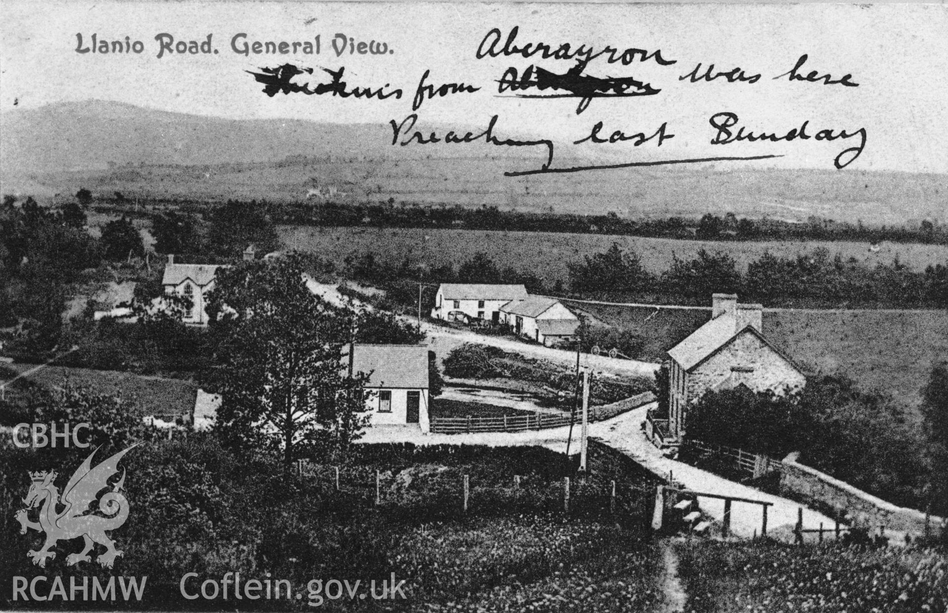 Black and white print of original photograph picturing the Old Milk Factory, Pont Llanio, probably early 20th century in date.