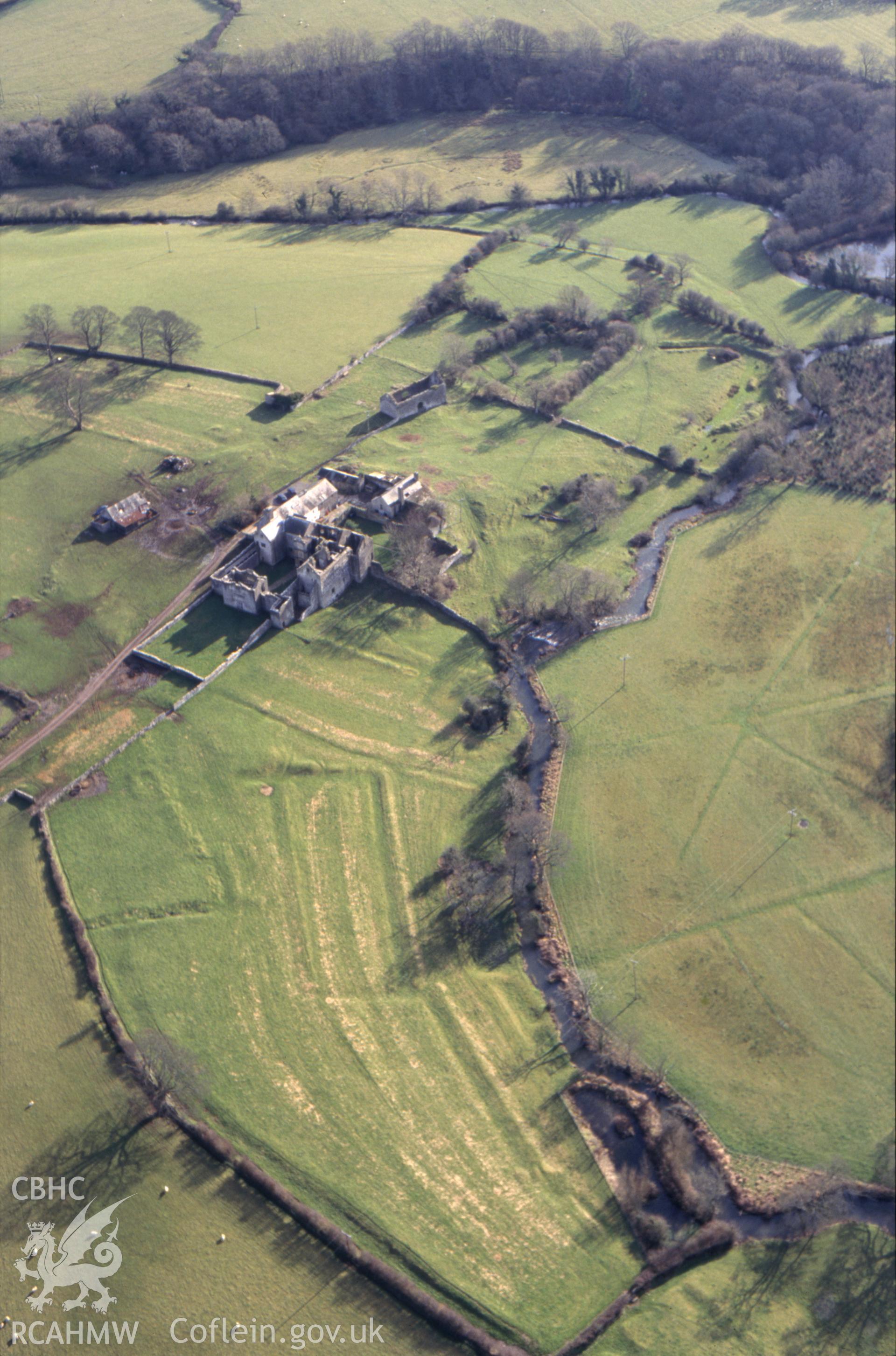 Slide of RCAHMW colour oblique aerial photograph of of the garden earthworks at Old Beaupre taken by Toby Driver, 2004.