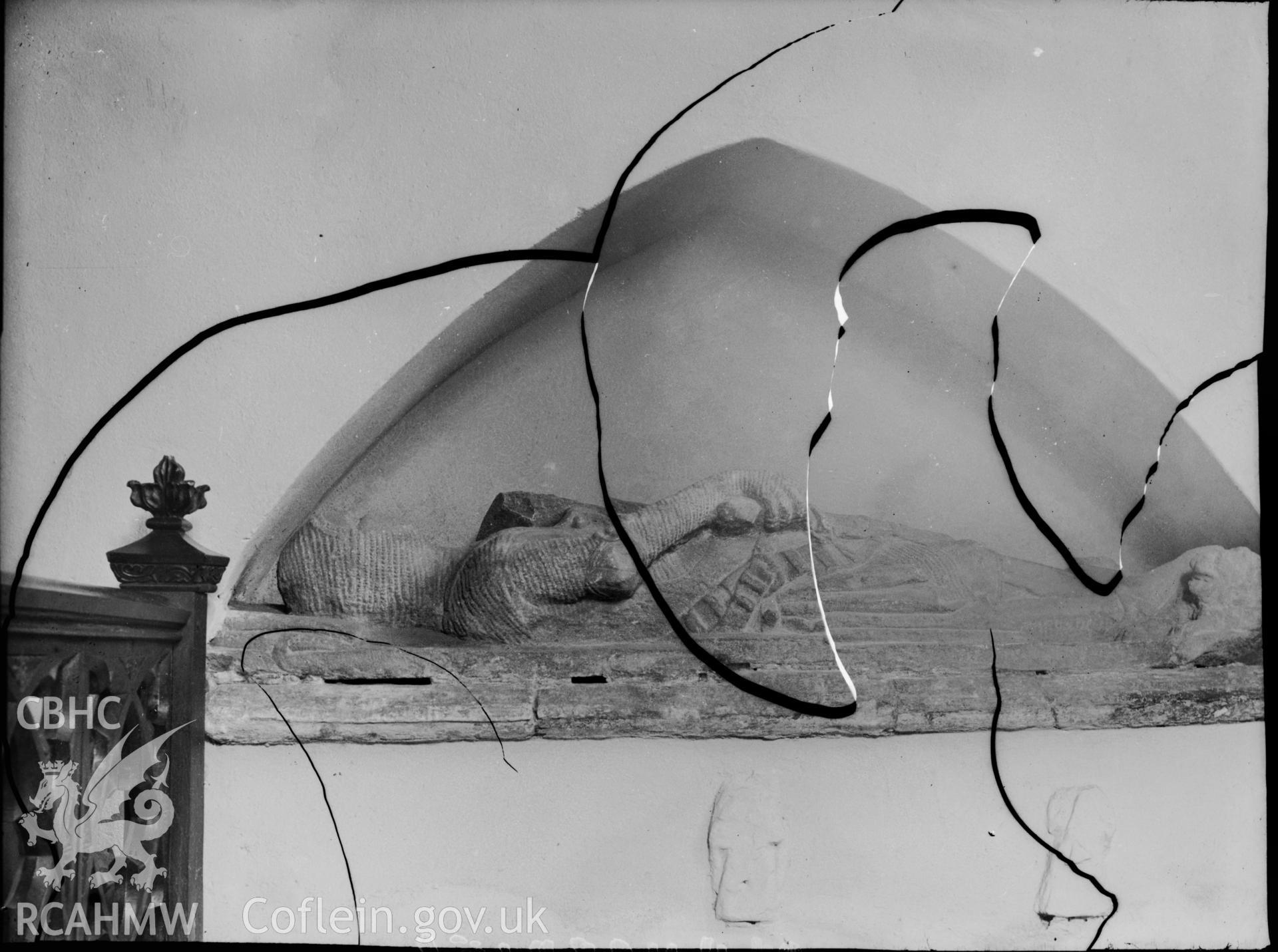 Black and white photo showing tomb in Manorbier Church.