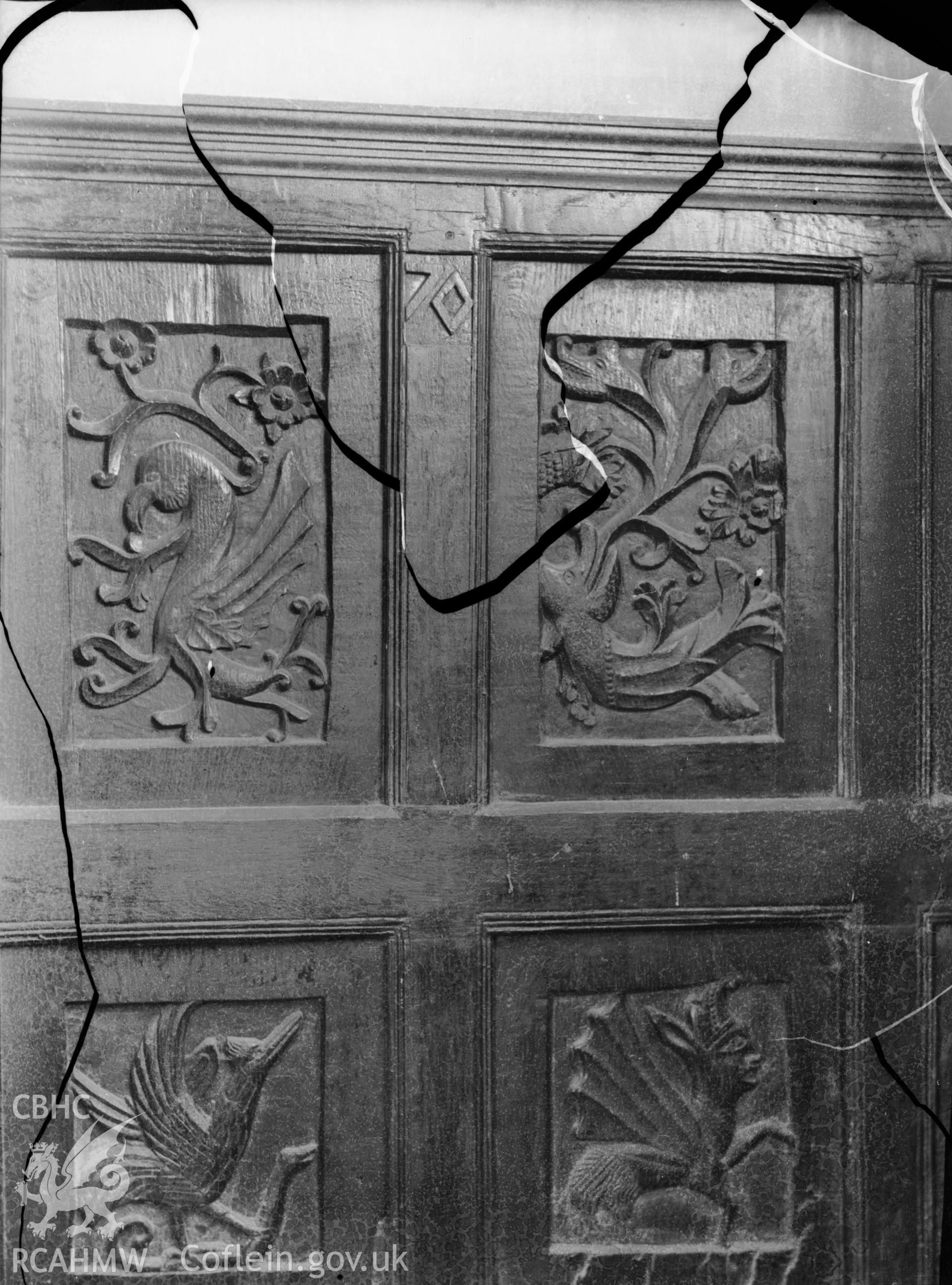 Black and white photo showing panelling at Llanrhydd Church.