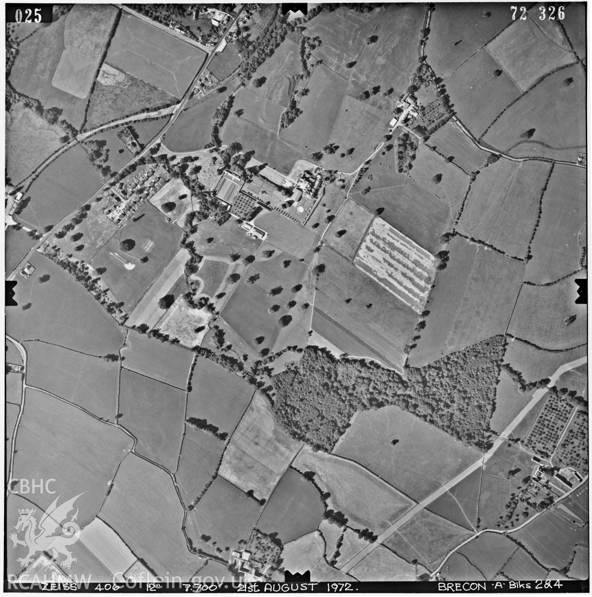 Digitized copy of an aerial photograph showing the area around Gwernyfed Park, taken by Ordnance Survey, 1972.