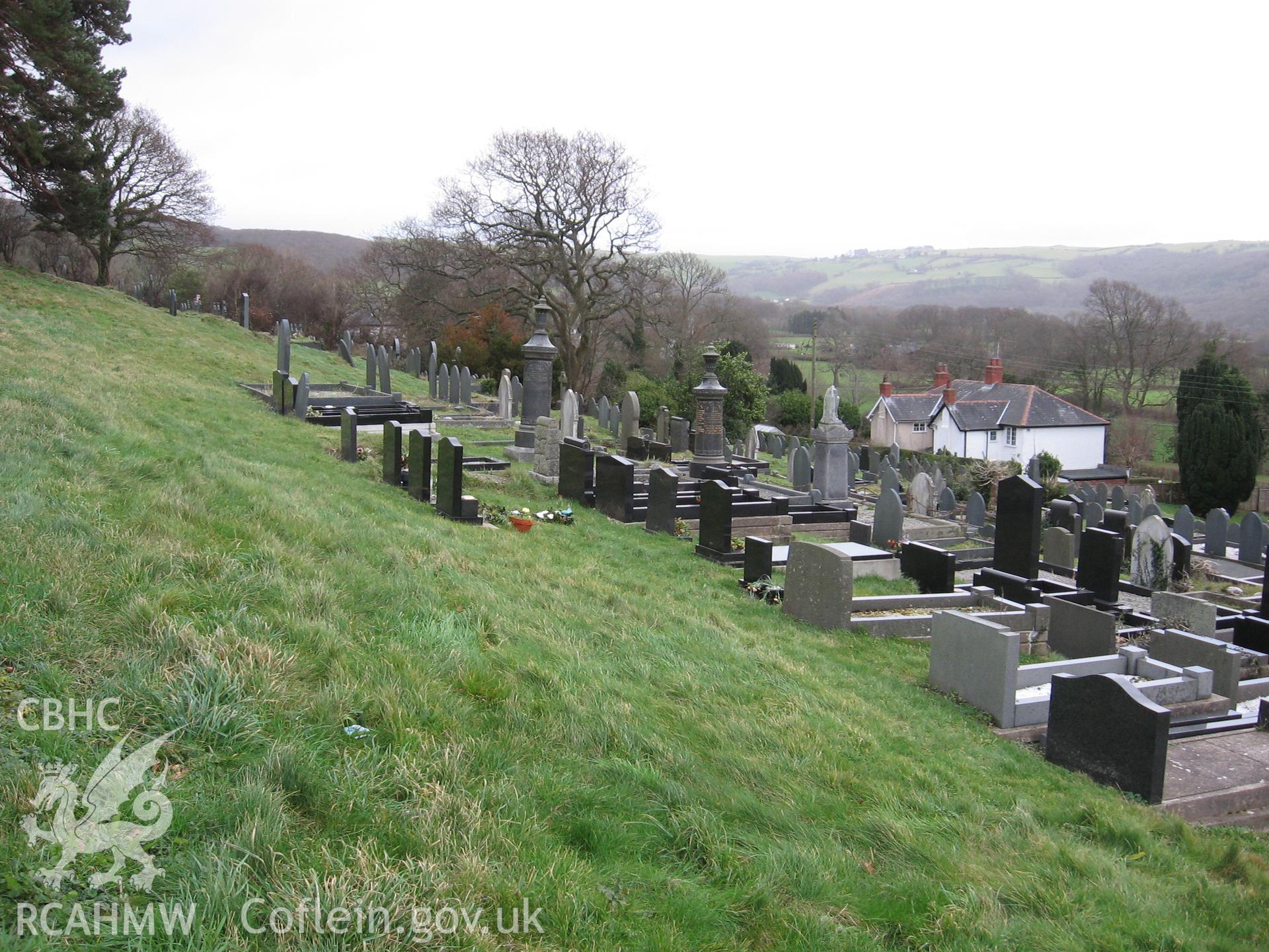 Capel Penllwyn, site of cist burial. View of cemetery from west.