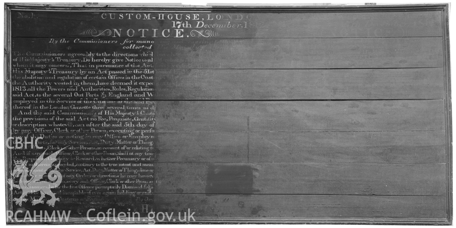 D.O.E photograph of Swansea Custom House Notice Board, 1812.