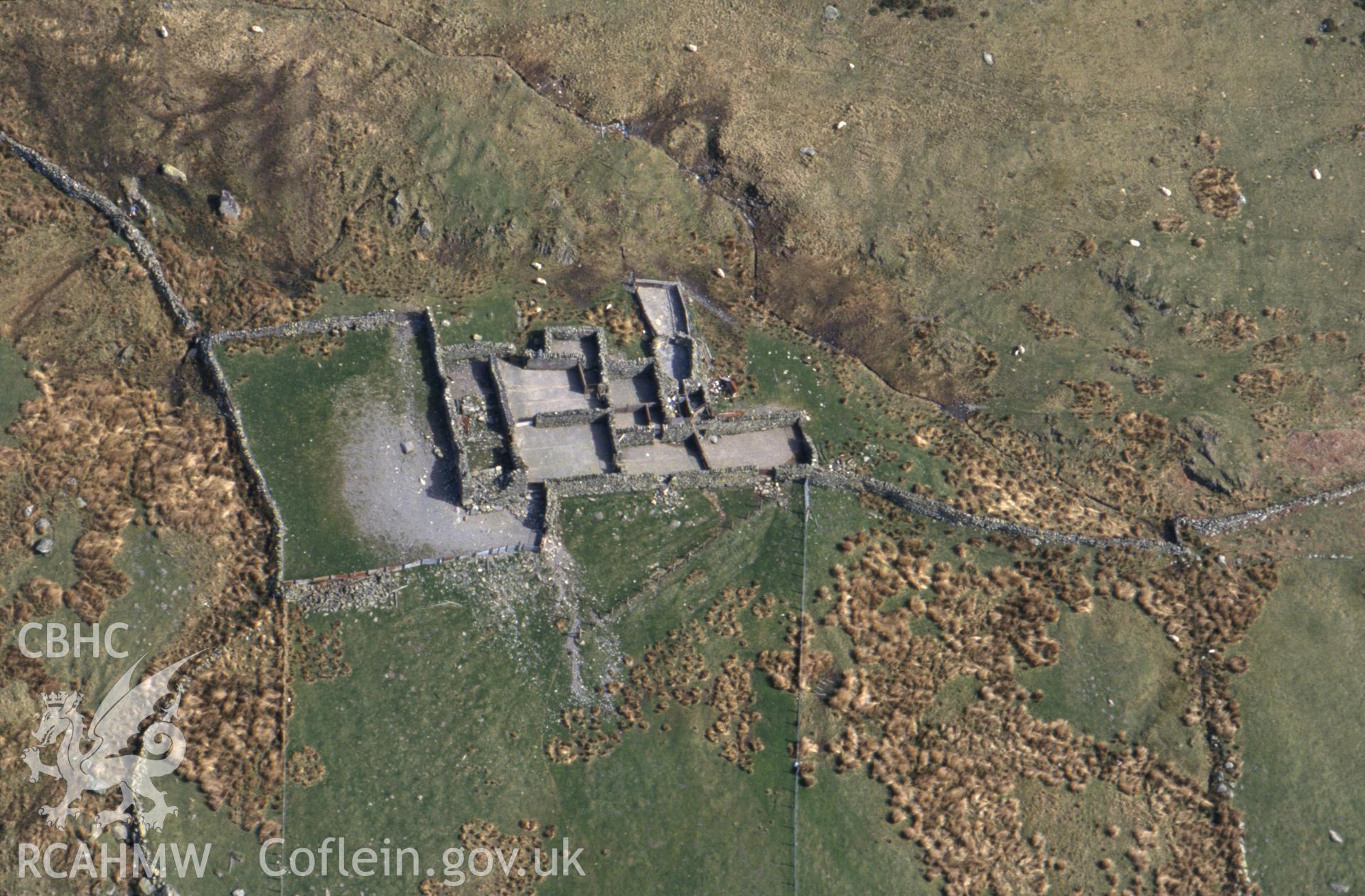 RCAHMW colour slide oblique aerial photograph of Tal-y-braich-uchaf sheepfold and building complex, Capel Curig, taken by C.R. Musson, 01/05/94