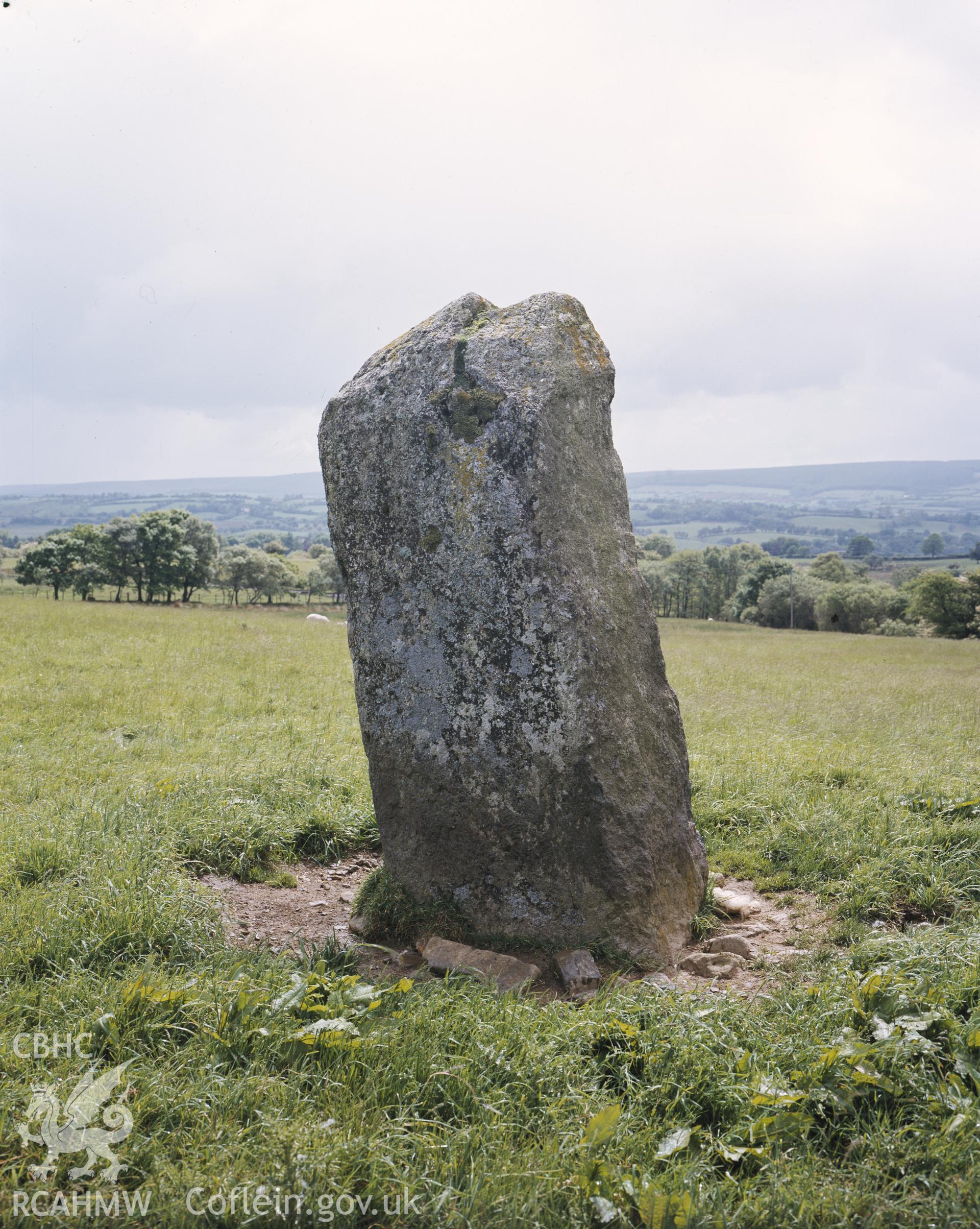 RCAHMW colour transparency showing Cae'r Maen Standing Stone, Llanwrtyd Wells, undated.