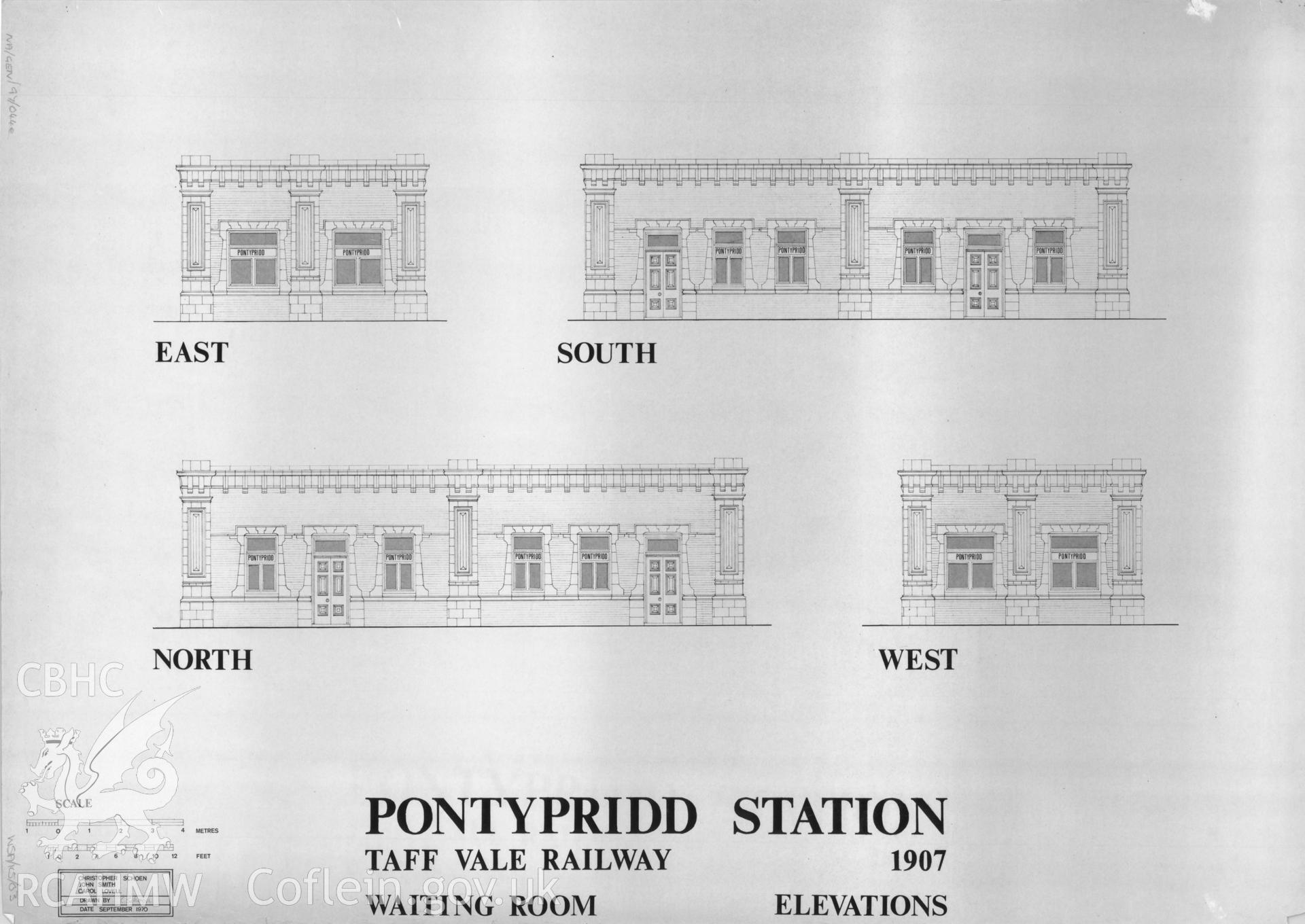 Measured drawing showing east, south, north and west elevations of waiting room at Pontypridd Railway Station produced by Christopher Schoen, John Smith and Carol Lovell, September 1973.