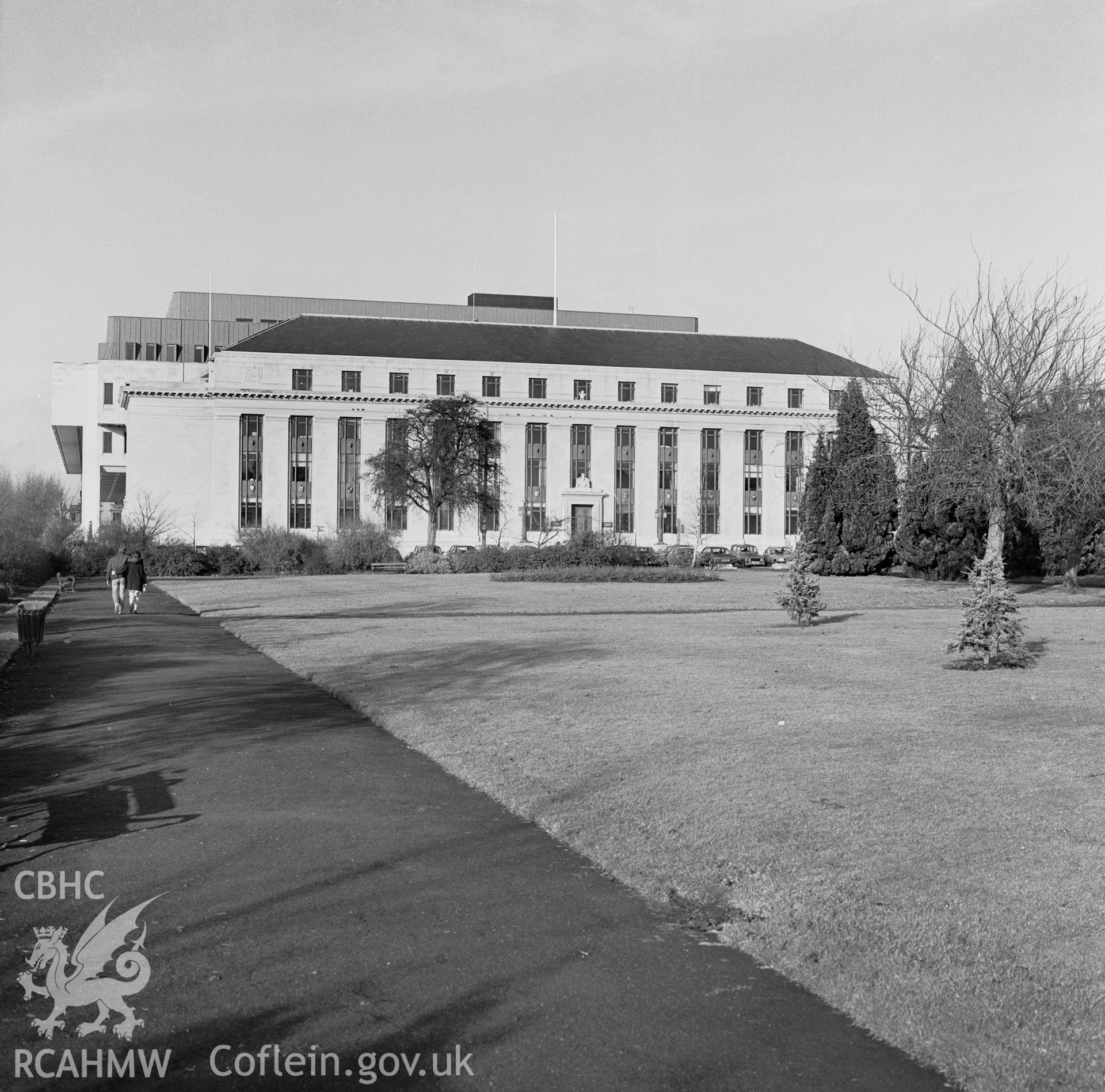 Photographic negative showing view of the Welsh Office building, Cathays Park, Cardiff; collated by the former Central Office of Information.