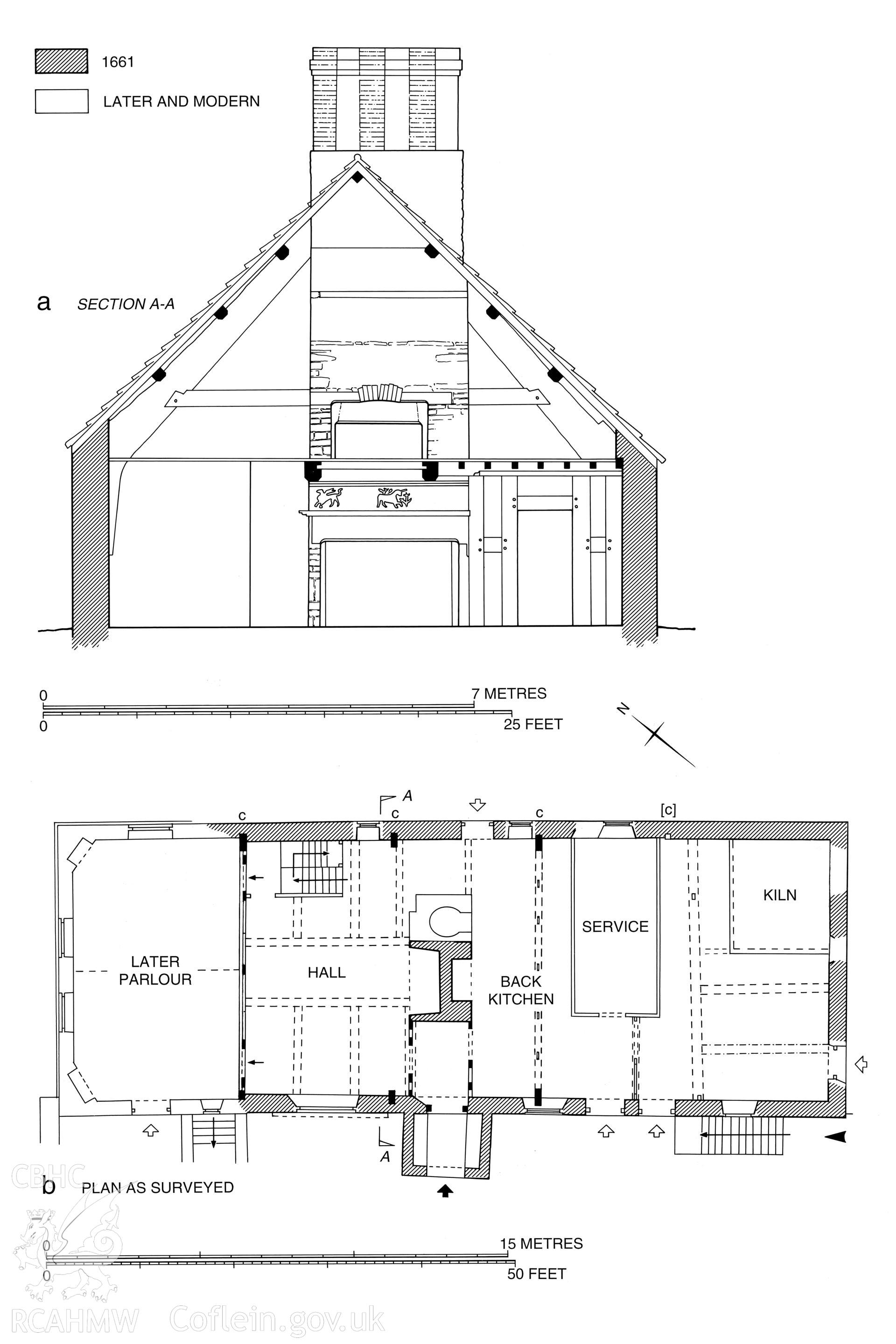 Great House Farmhouse, Newchurch;   measured drawing comprising cross-section and lobby-entry plan as published in the RCAHMW volume, Houses and History in the Marches of Wales.  Radnorshire 1400-1800,  page 172, figure 180.