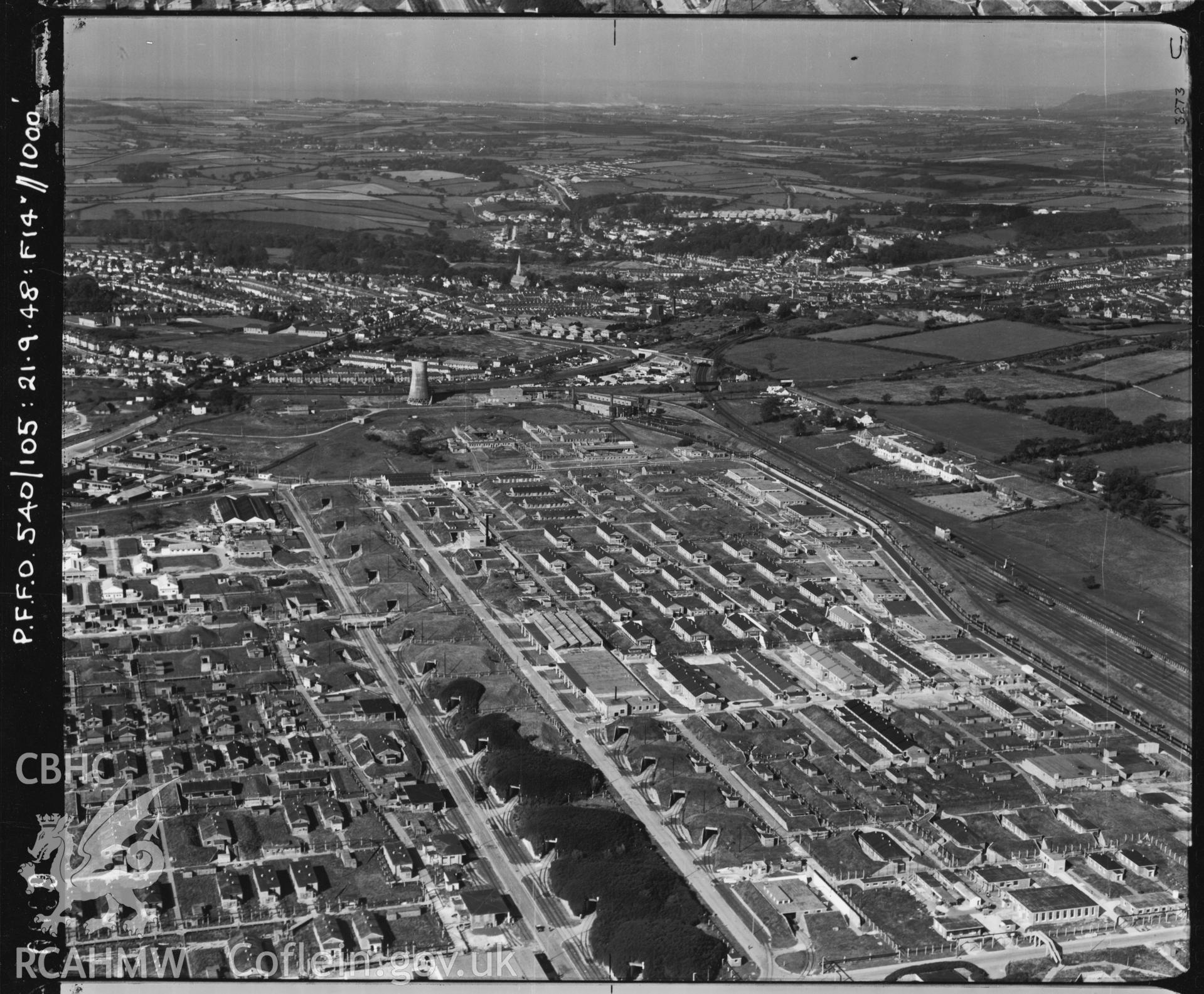 Black and white oblique aerial photograph showing the Royal Ordnance Factory at Bridgend taken by the RAF on 21/09/1948.