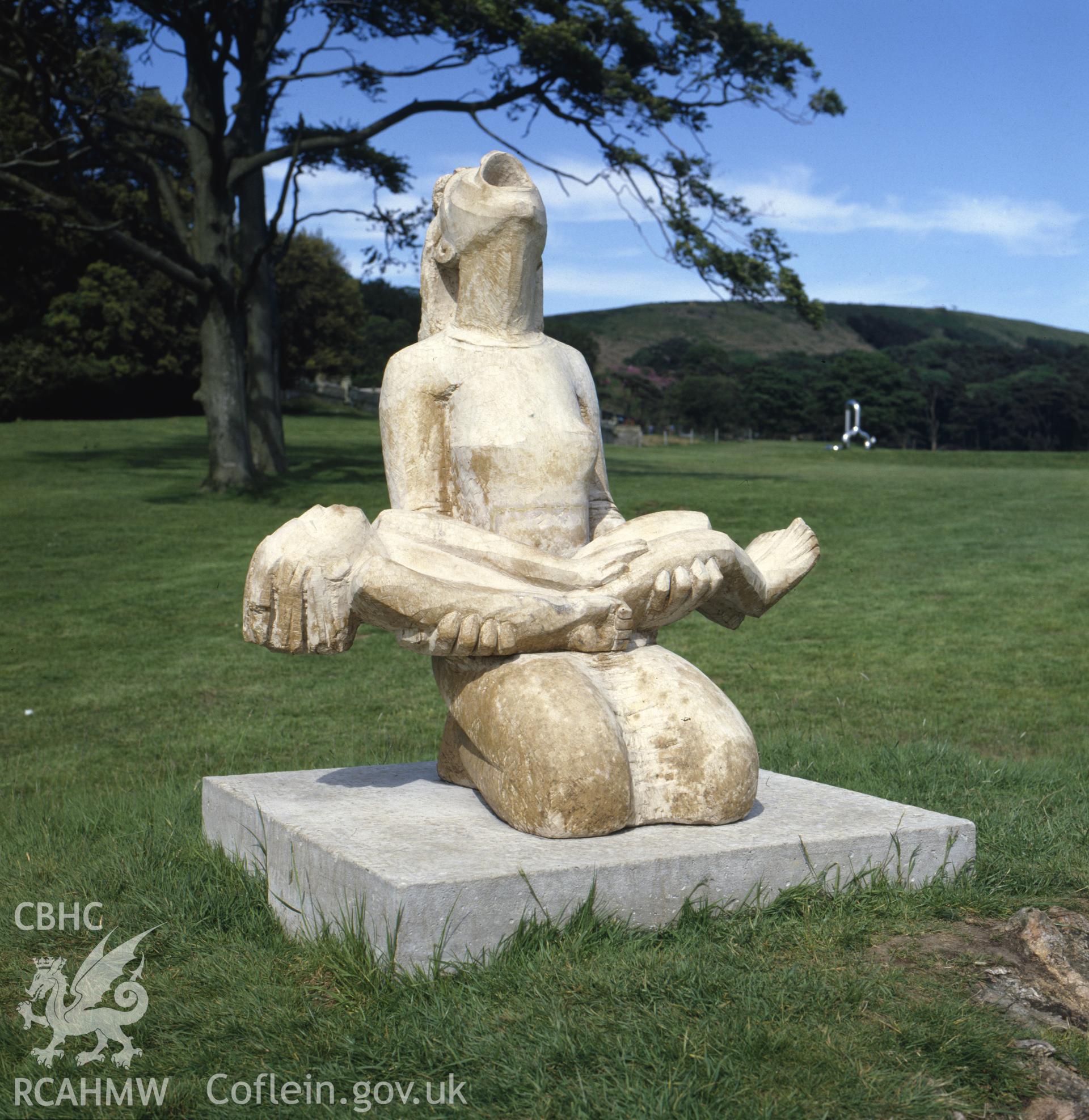 1 colour transparency showing view of sculpture enitled: 'Shout' by Glyn Williams, situated at Margam sculpture park; collated by the former Central Office of Information.