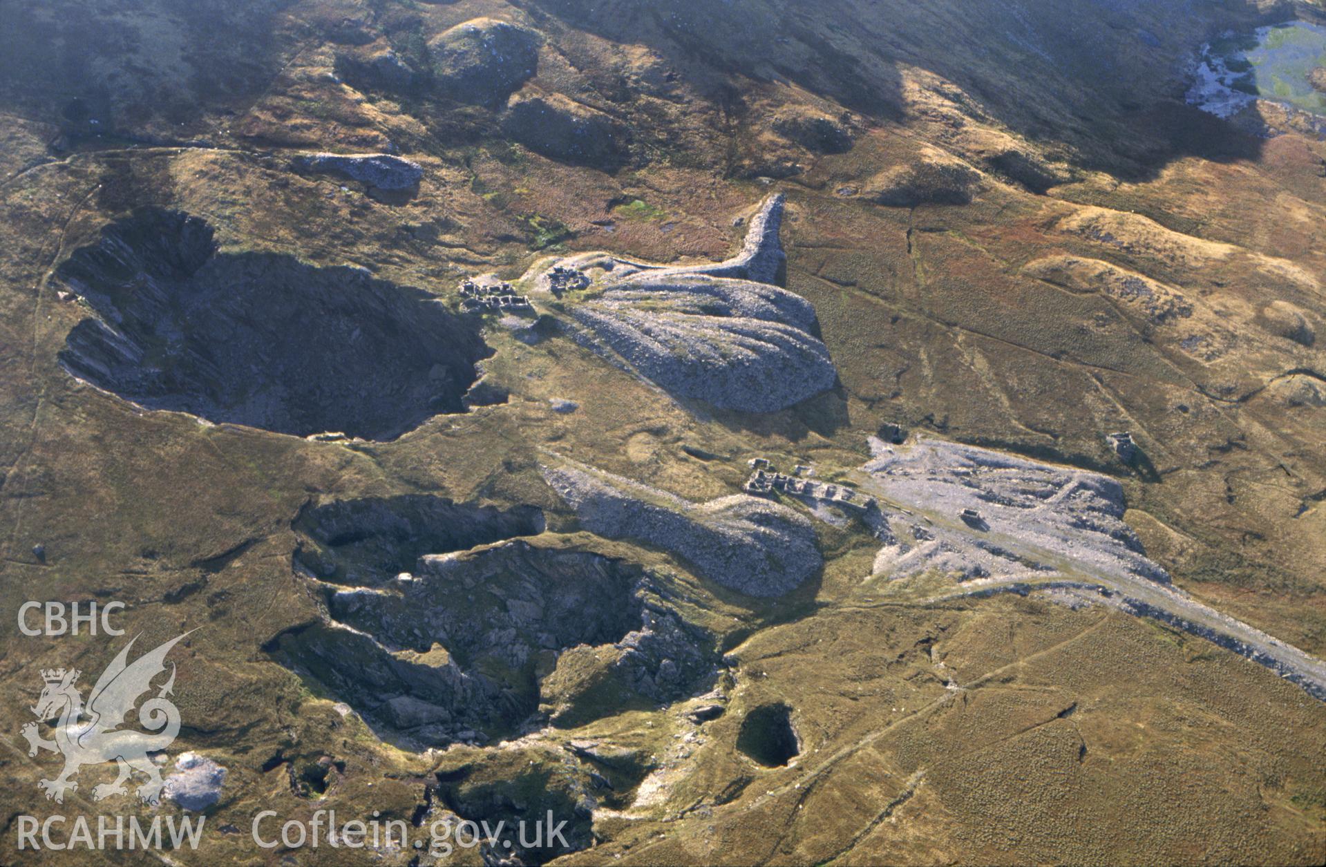 Slide of RCAHMW colour oblique aerial photograph of Rhosydd Slate Quarry, taken by C.R. Musson, 9/10/1994.