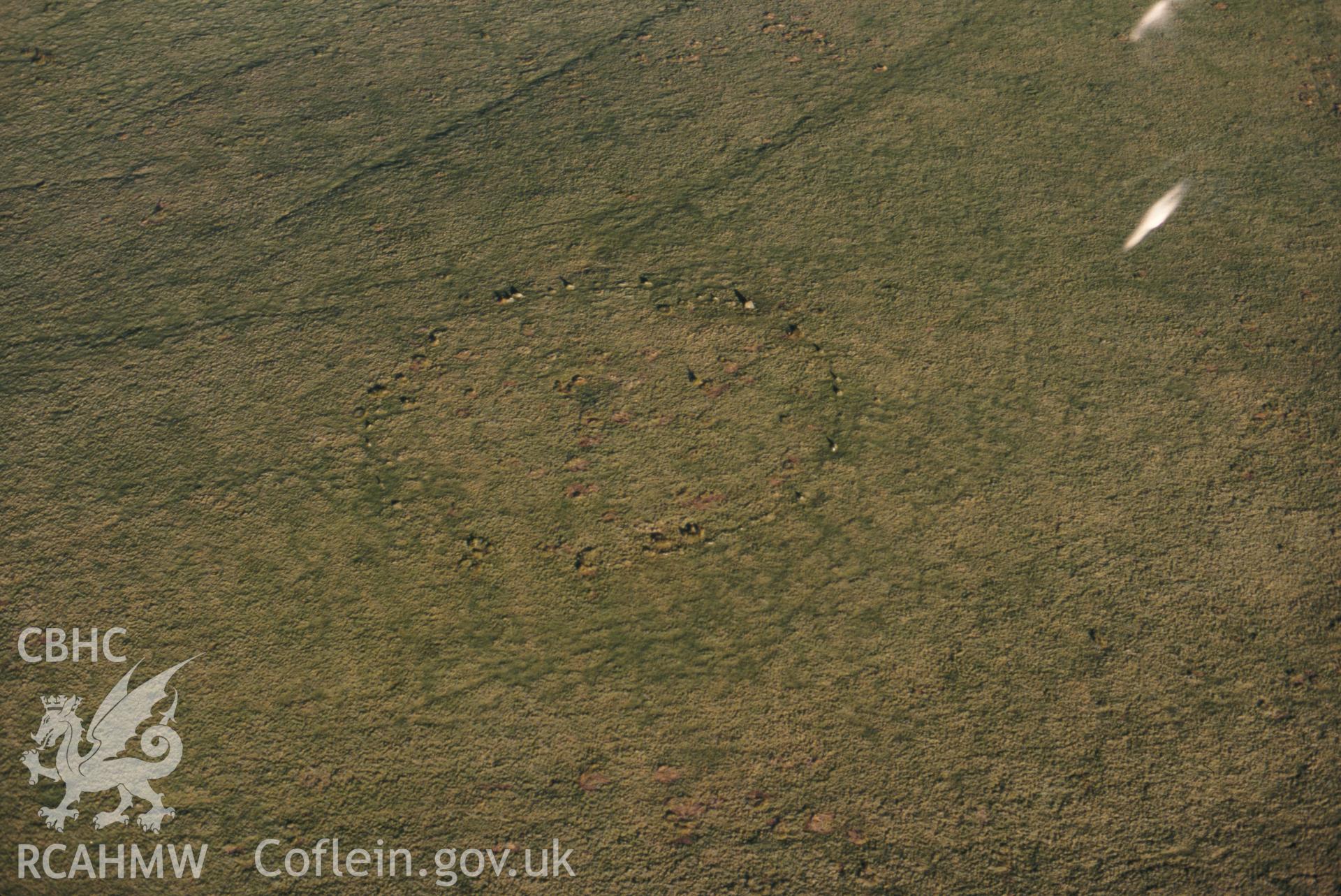 RCAHMW colour slide oblique aerial photograph of Y Capel Stone Circle, Dwyriw, taken on 20/12/1998 by CR Musson