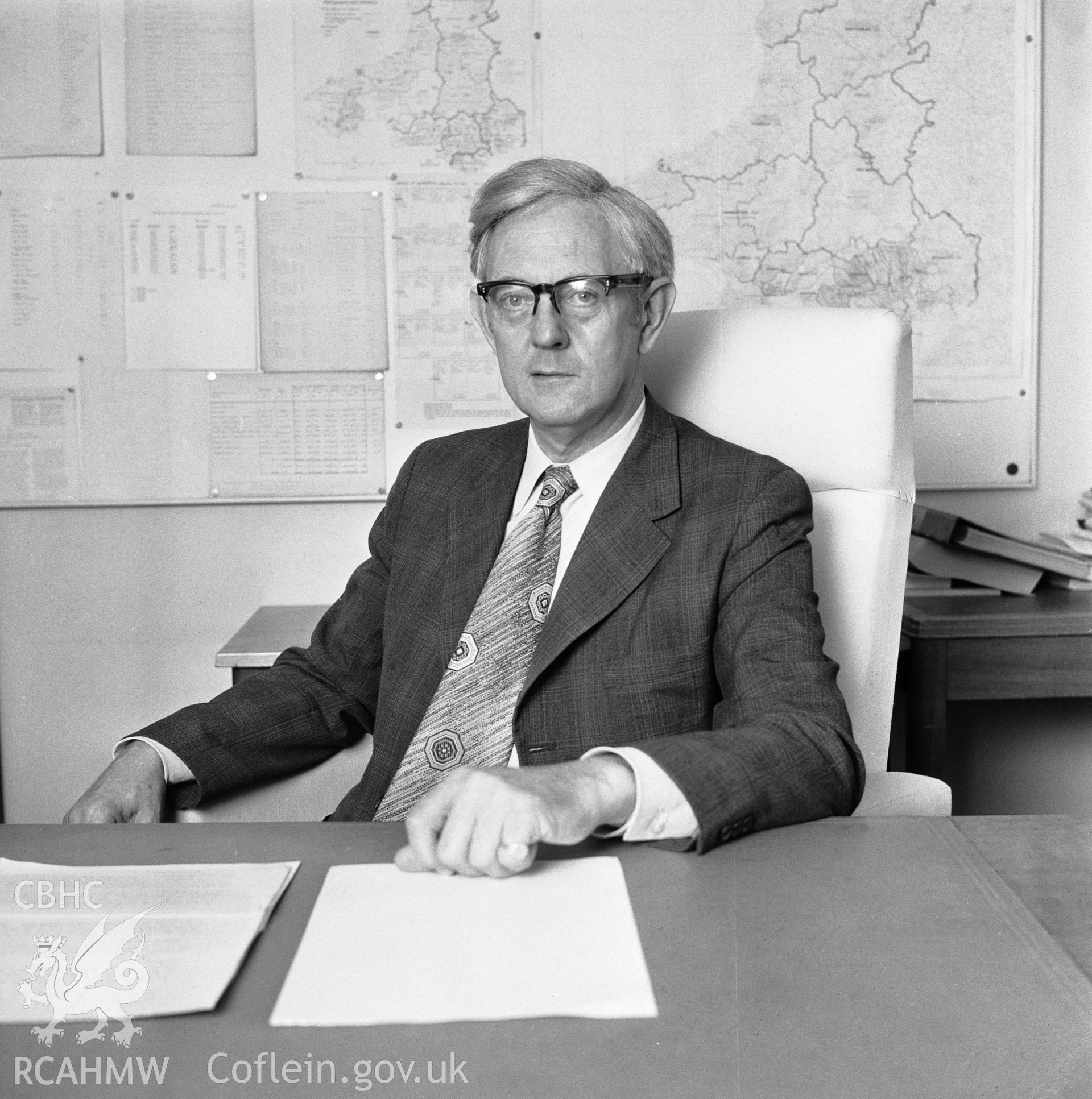 1 contact print showing Mr E K Williams, Assistant Secretary in the Welsh Office, Cathays Park, Cardiff; collated by the former Central Office of Information.