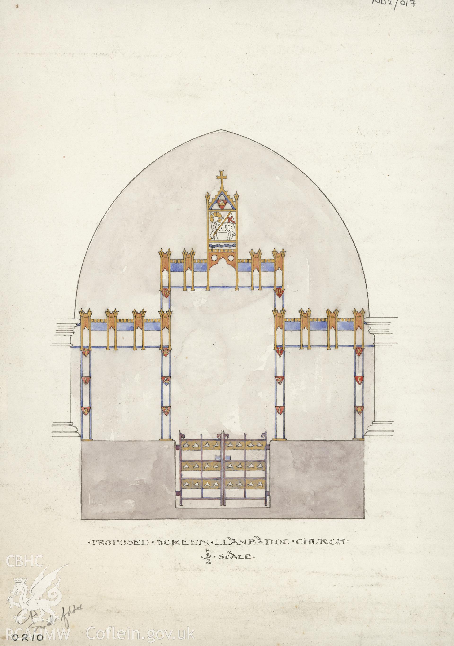 Elevation of a proposed screen for St Madog's Church, Llanbadoc Fawr, ink and colour wash on paper, scale two feet to one inch.