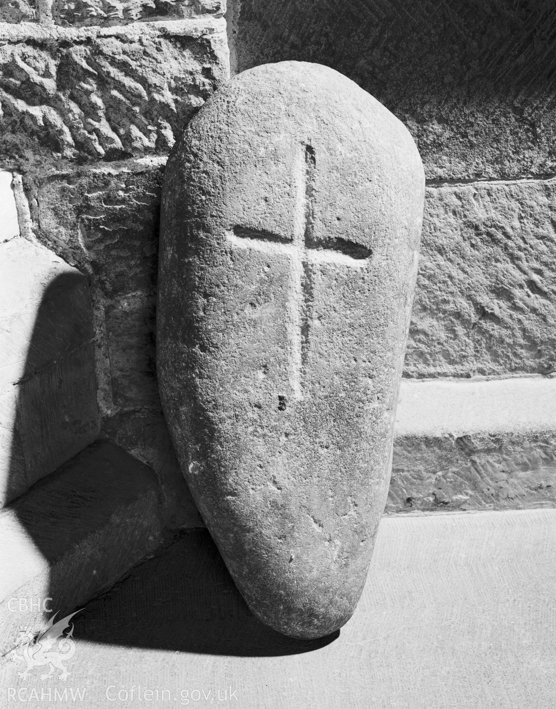 Cross-carved stone in Porth y Twr, St David's Cathedral taken by RCAHMW around 1987.