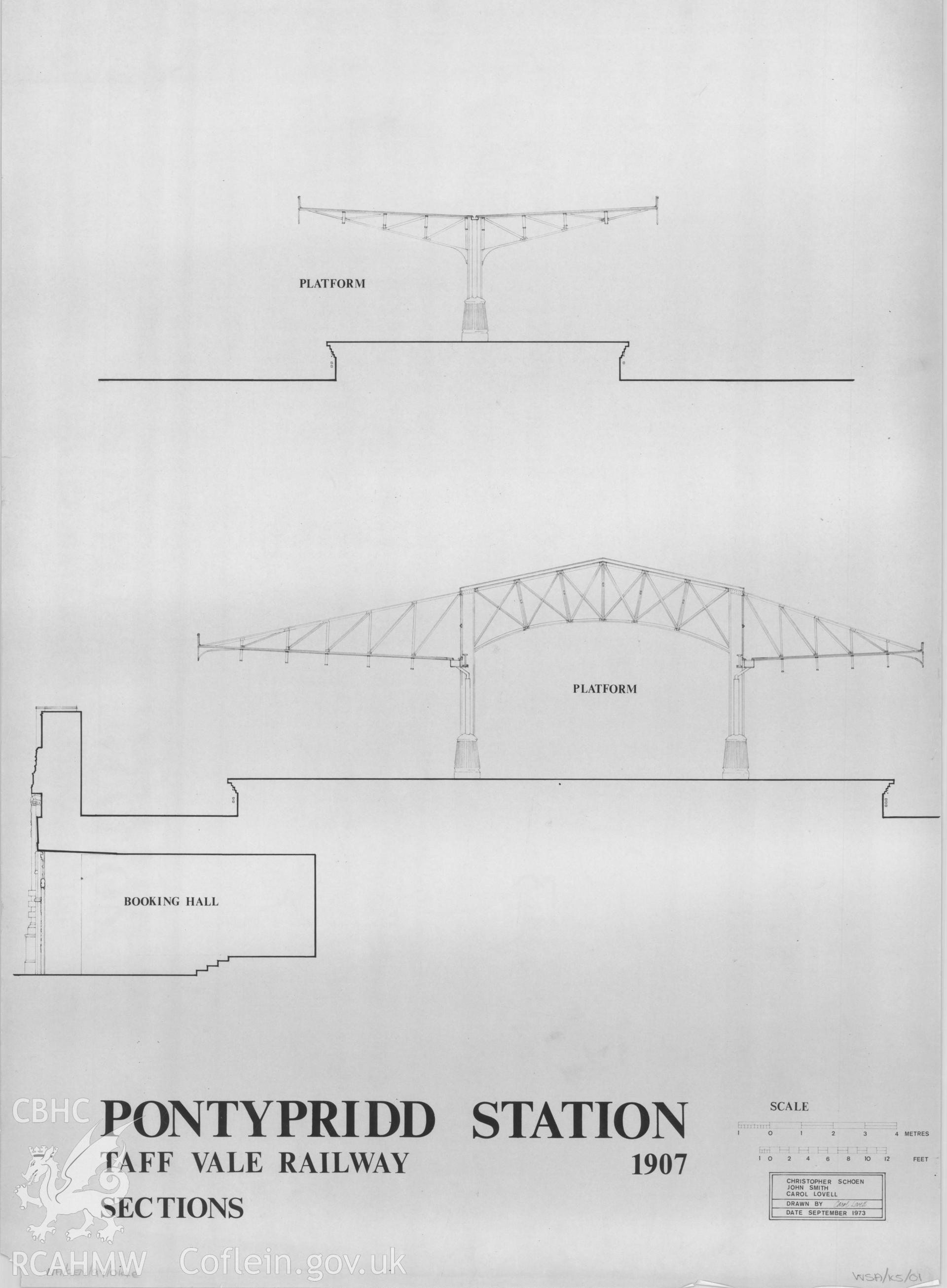 Measured drawing showing sections of Pontypridd Railway Station produced by Christopher Schoen, John Smith and Carol Lovell, September 1973.