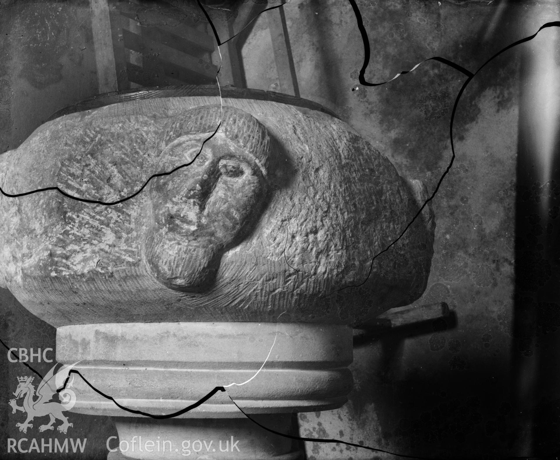 Black and white photo showing font at "Pencarreg" Church, Carmarthenshire.