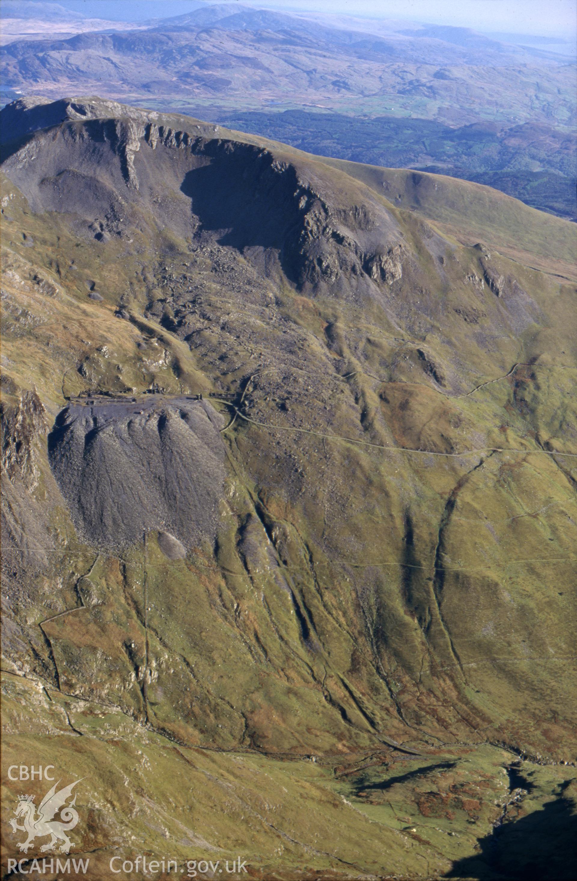 RCAHMW colour slide oblique aerial photograph of Croesor Slate Quarry, Llanfrothen, taken by C.R.Musson on the 30/03/1996