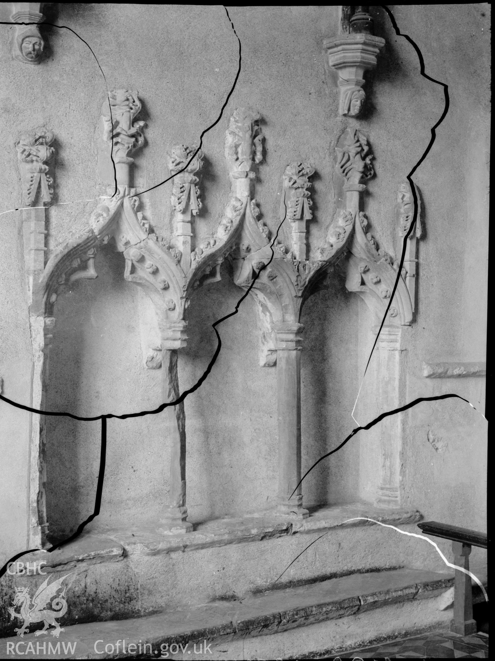 Black and white photo showing interior detail at Hodgeston Church.