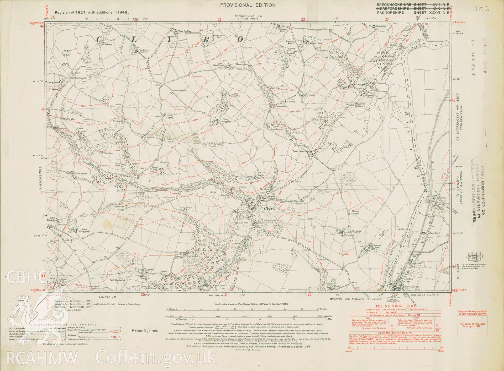 Digital copy of a six inch Ordnance Survey Provisional Edition map revision of 1927 with additions in 1948, covering the area around Clyro.