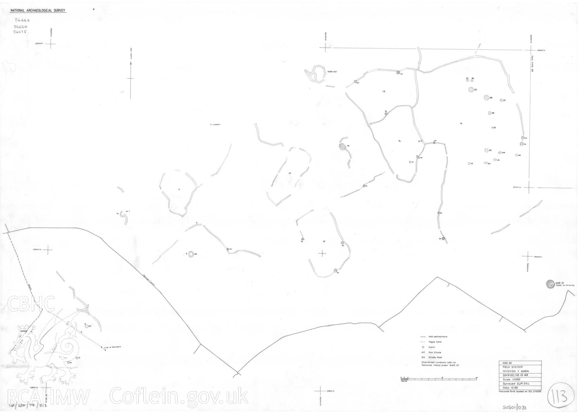 Ink on film, measured plan of Mynydd-y-Garn Settlement and Field System (SN91SE/10.13.43) produced as part of the Southern Uplands Survey by D. J. Percival and D.K. Leighton  10.1985  (Ref Numbers:  National Archaeological Survey 34)