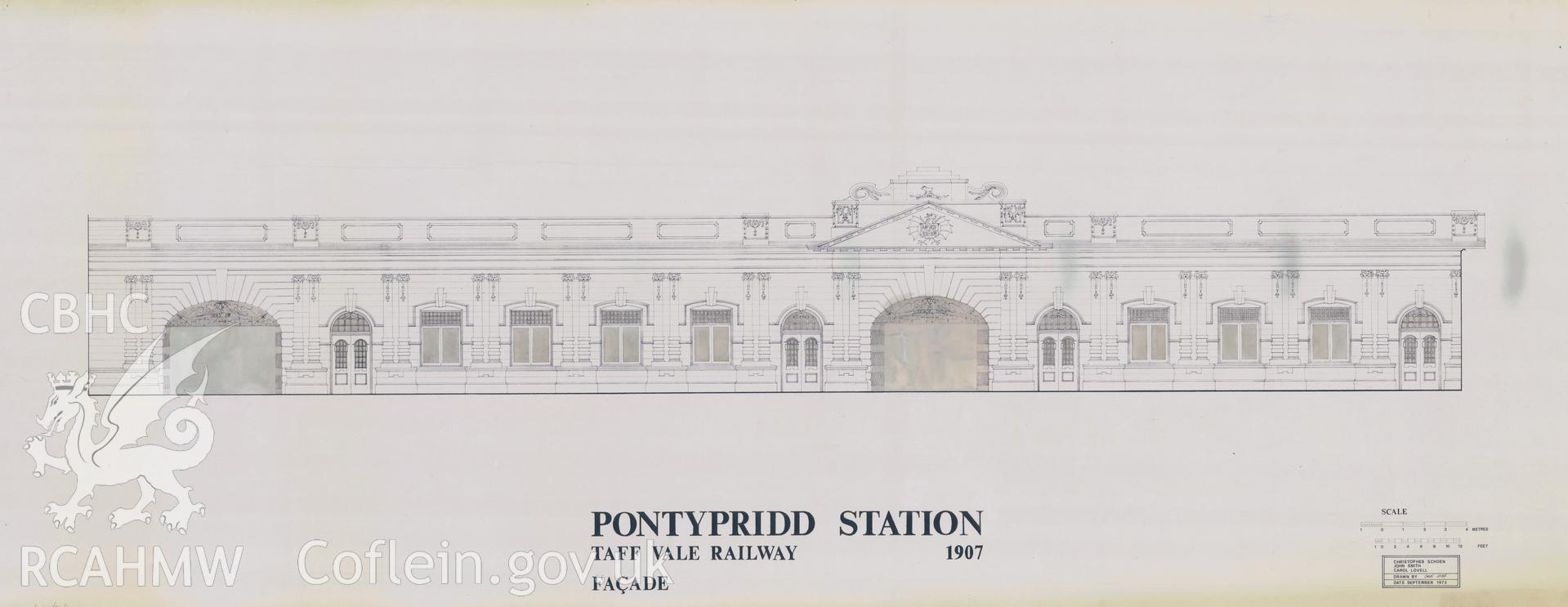 Measured drawing showing facade of Pontypridd Railway Station produced by Christopher Schoen, John Smith and Carol Lovell, September 1973.