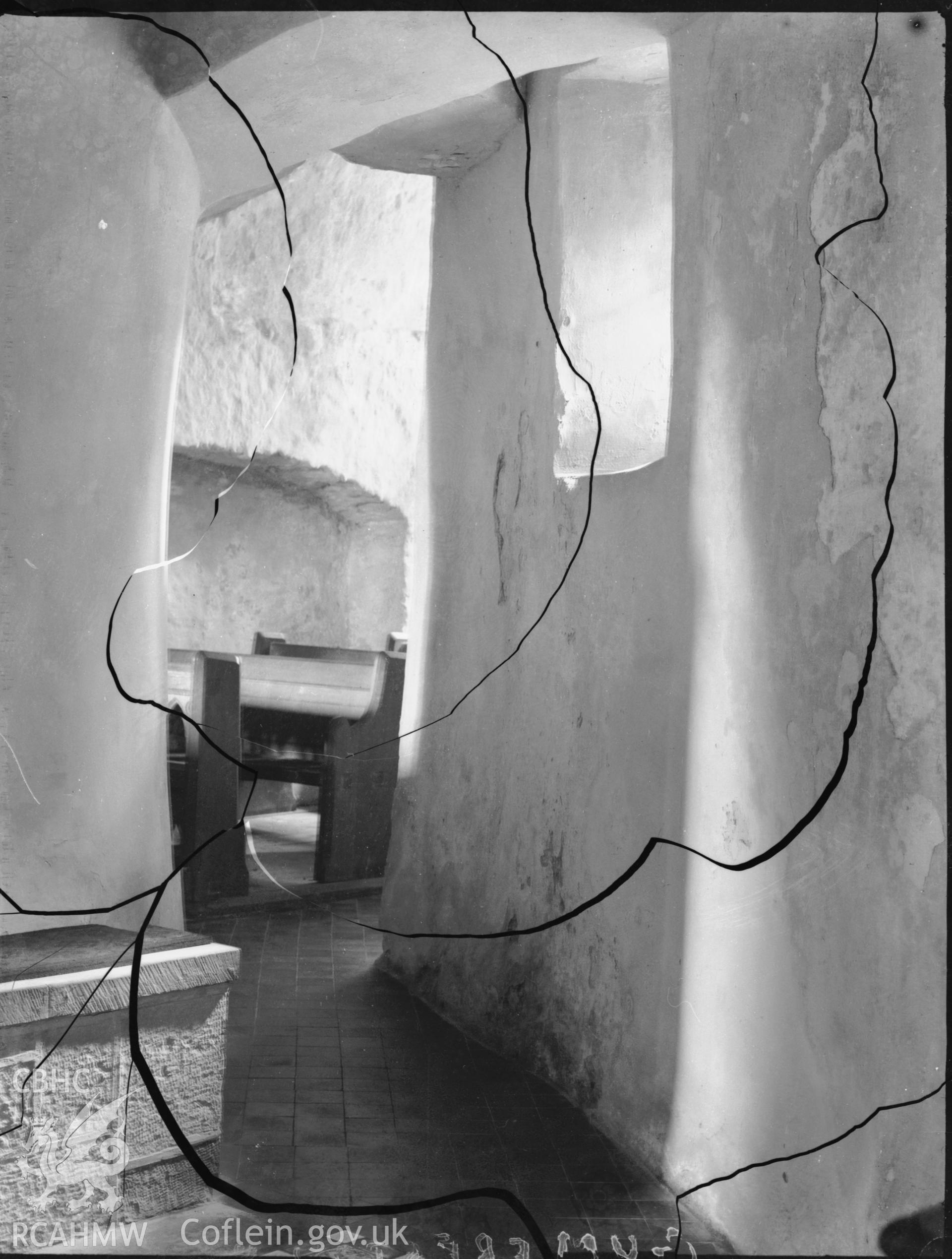 Black and white photo showing interior view of Gumfreston Church.