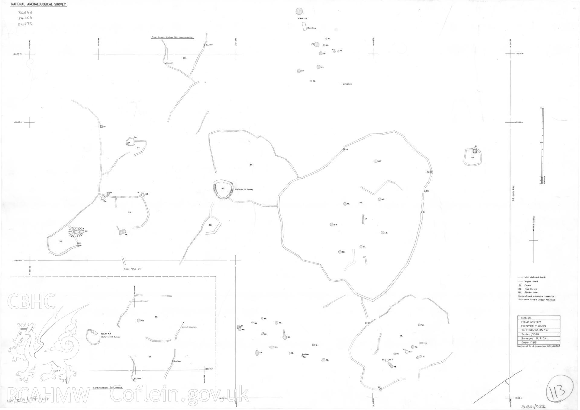 Ink on film, measured plan of Mynydd-y-Garn Field System (SN91SE/10.35.43) produced as part of the Southern Uplands Survey by D. J. Percival and D.K. Leighton  10.1985  (Ref Numbers:  National Archaeological Survey 35)