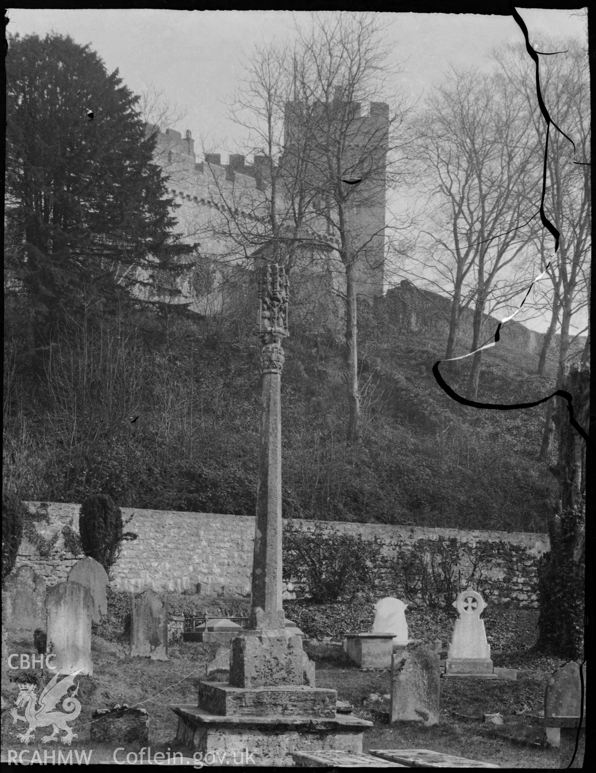 Black and white photo showing St Donat's Churchyard Cross.