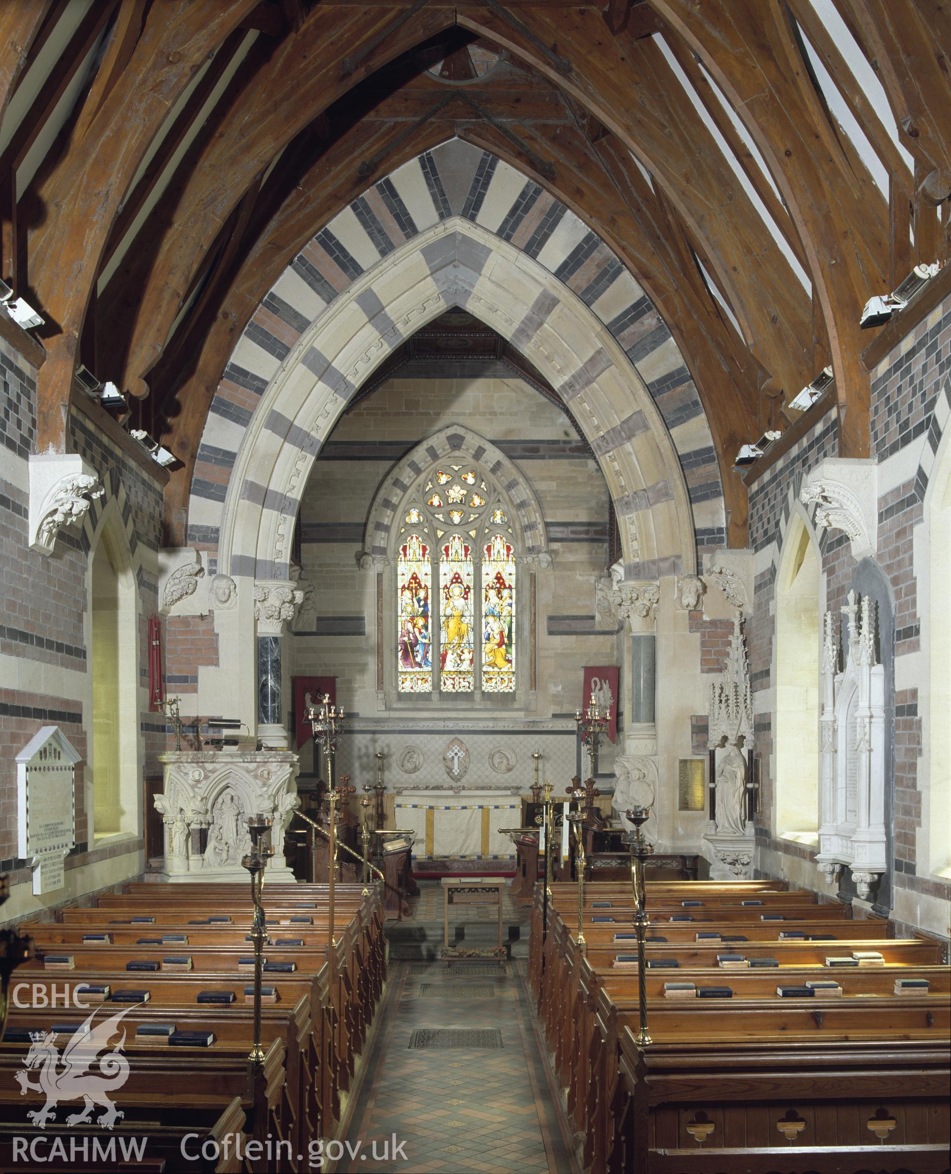 RCAHMW colour transparency showing interior view of St Cynllo's Church, Llangynllo