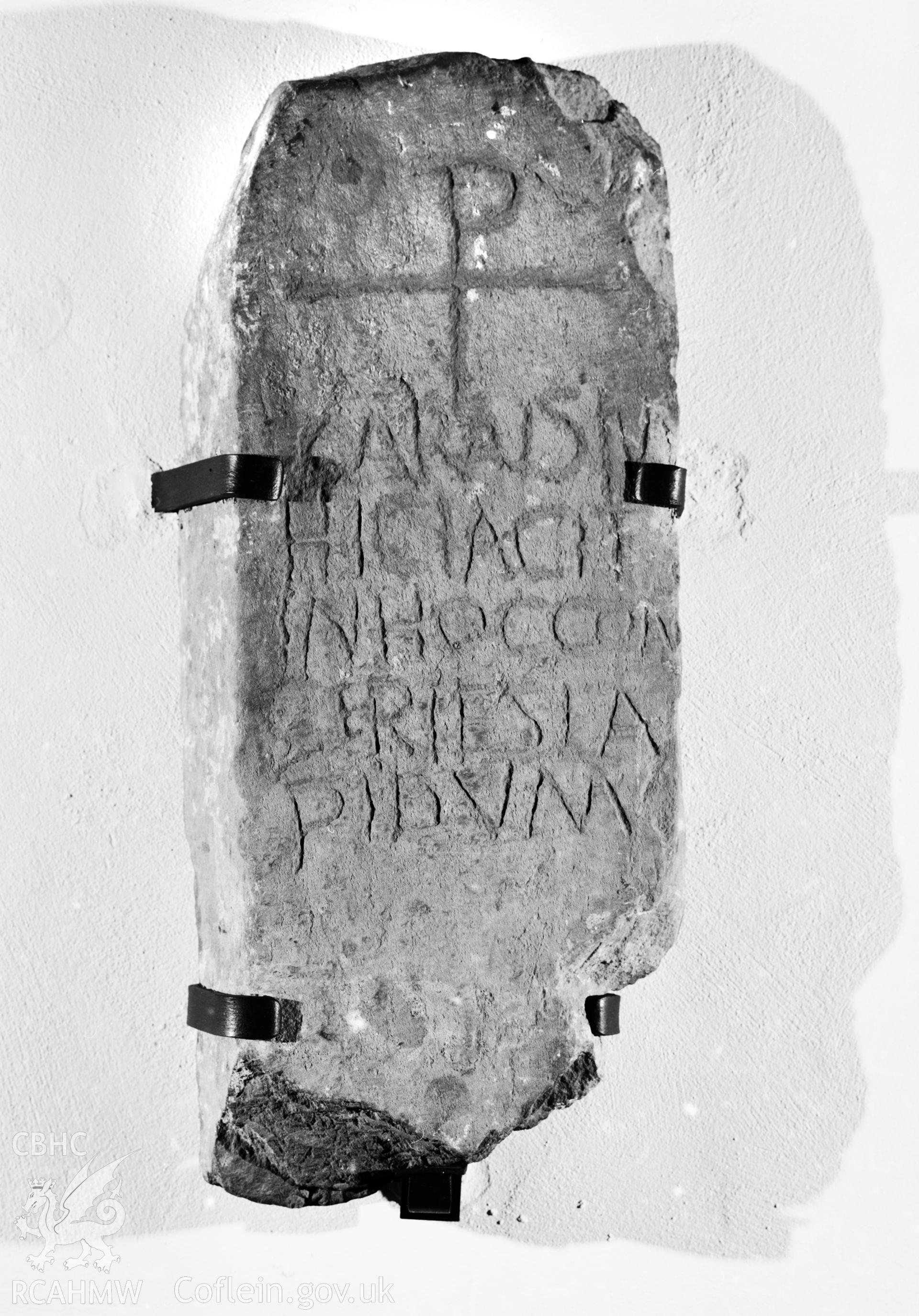 Carausius stone in Penmachno Church; one black and white photograph produced by  RCAHMW for the proposed Early Christian Monuments publication.