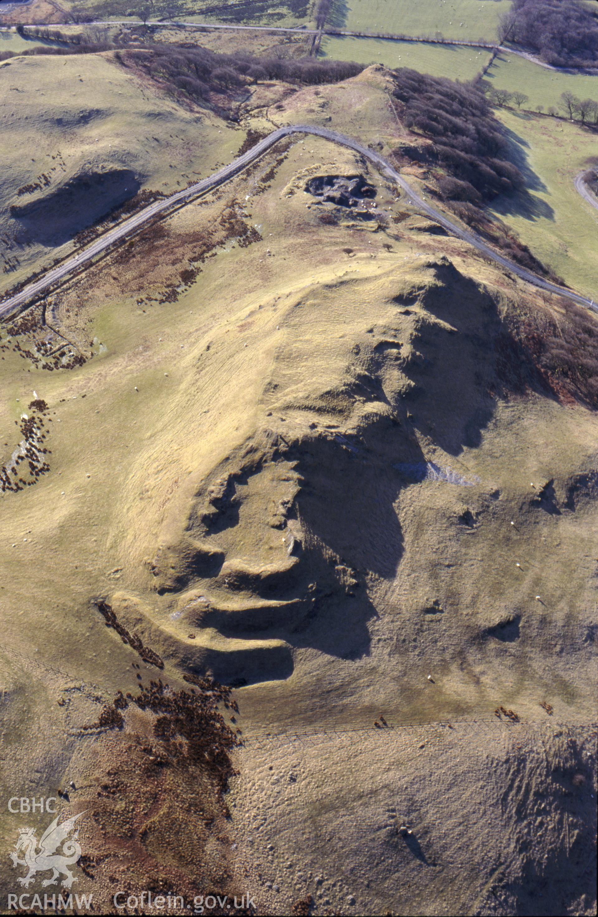 Slide of RCAHMW colour oblique aerial photograph of Pen y Bannau, taken by T.G. Driver, 2001.