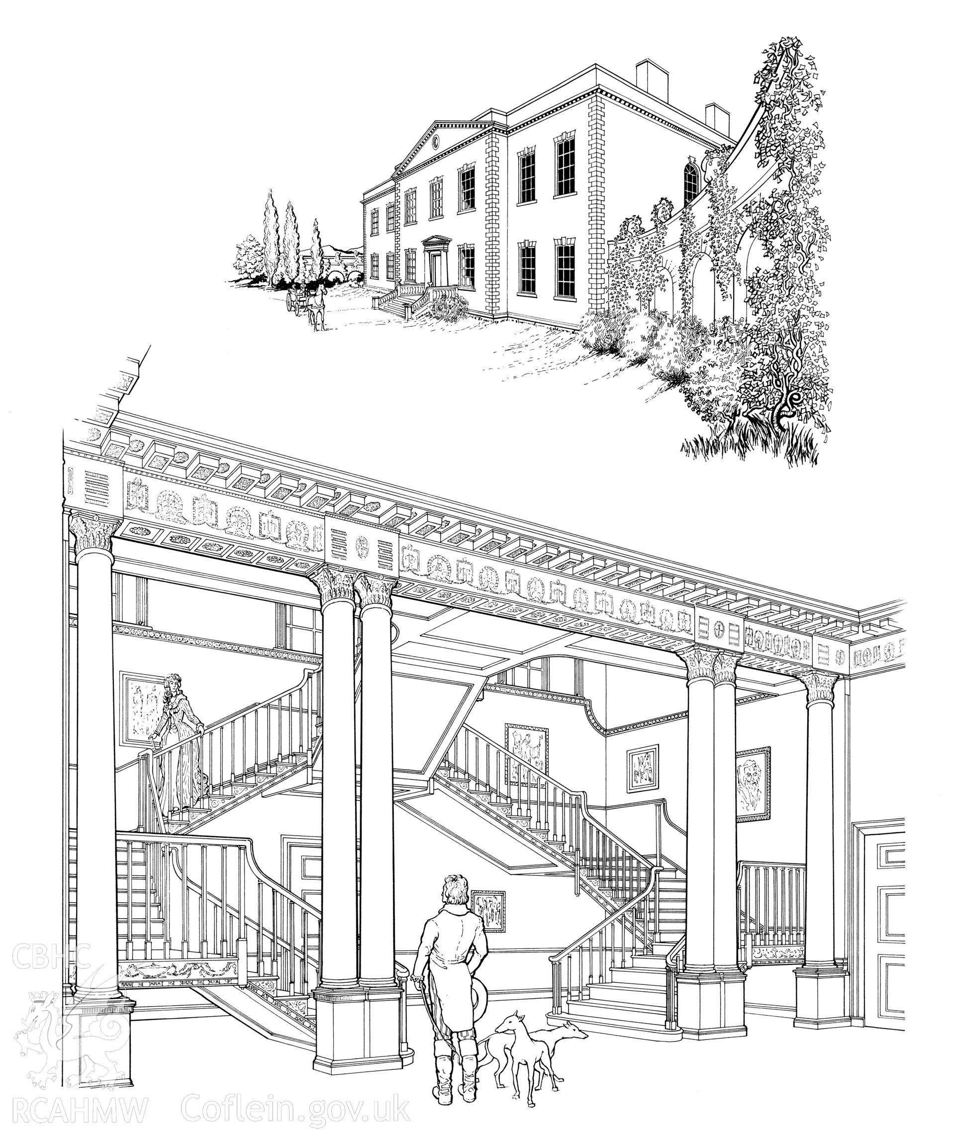 RCAHMW drawing showing interior view of Ynysmaengwyn, Merioneth, published in Houses of the Welsh Countryside, fig 154.