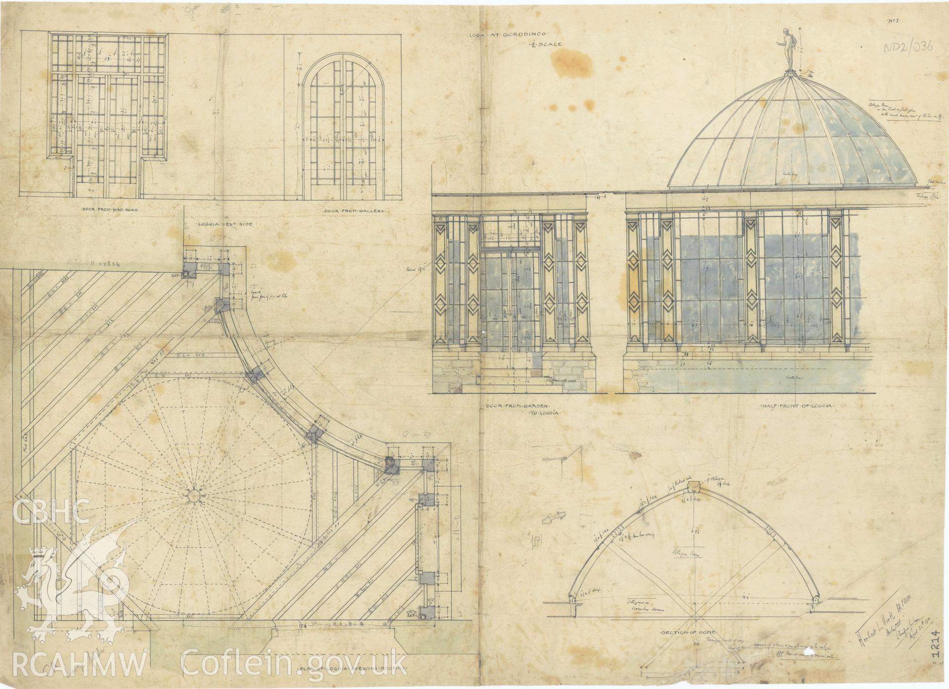 Plan, elevation and section of the loggia at Gorddinog Hall, Llanfairfechan, scale two feet to one inch, ink on paper with colour wash.