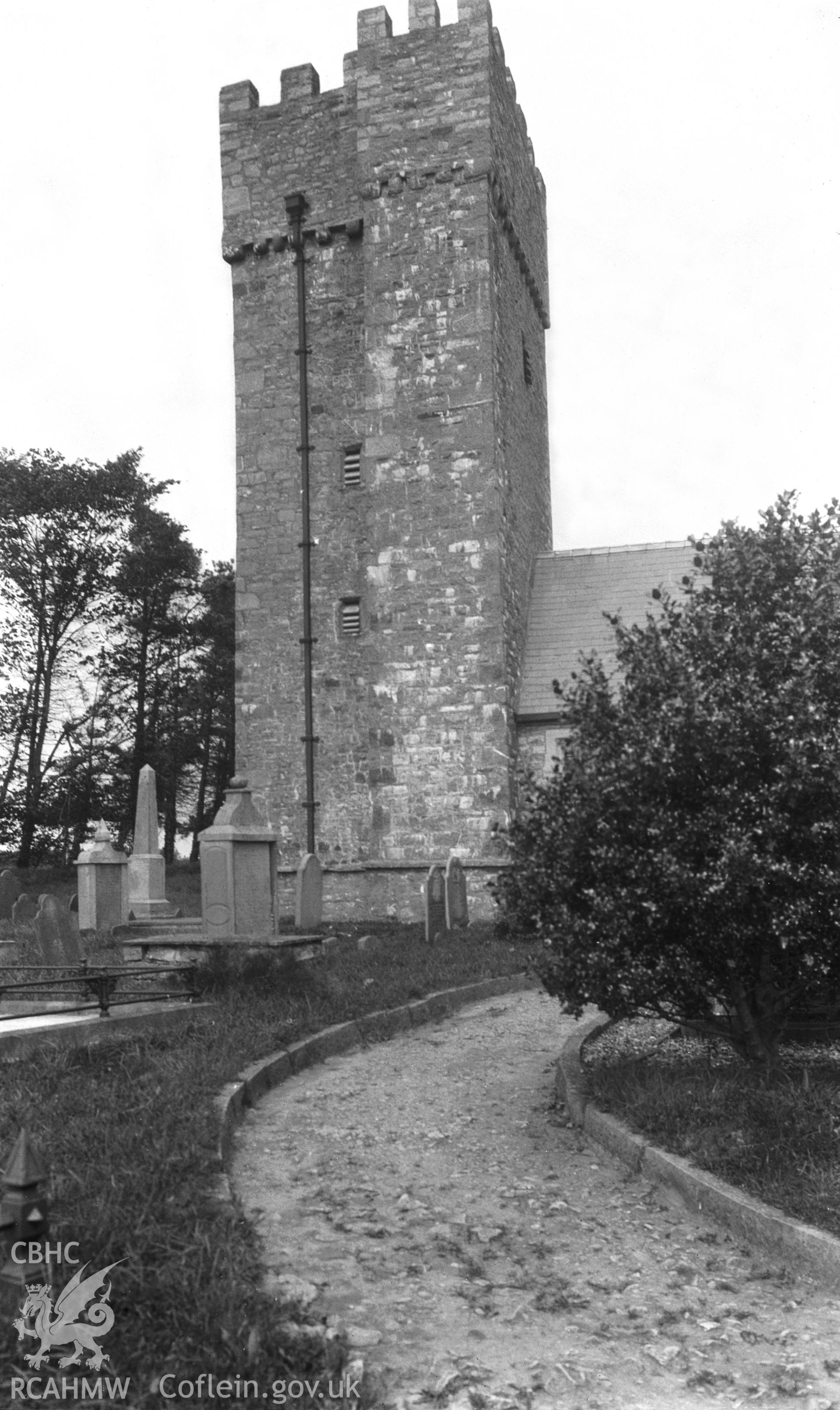 Black and white photograph showing the church tower.