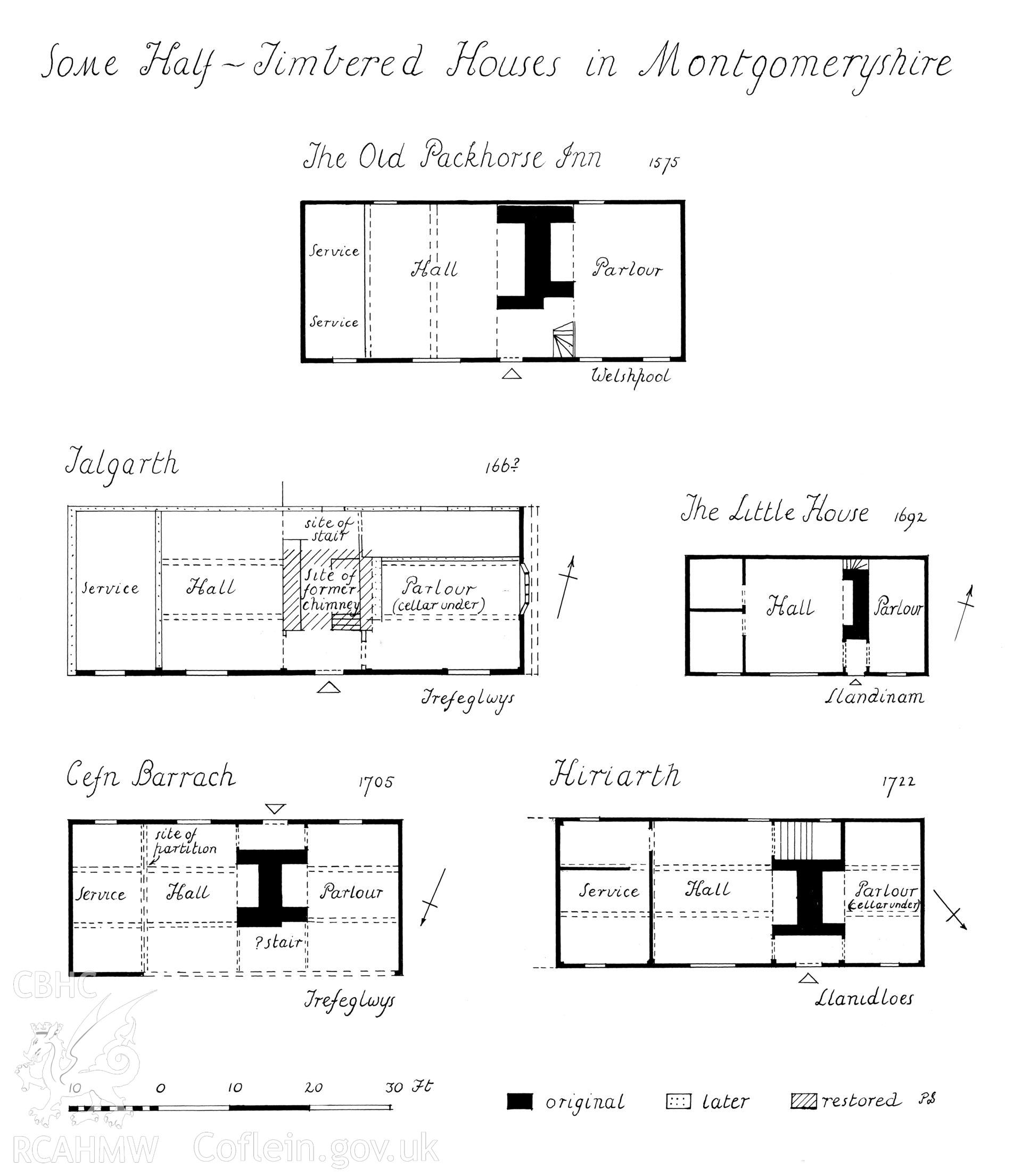 Multi site RCAHMW drawing, 5 sites, showing plan of half-timbered houses in Montgomeryshire.