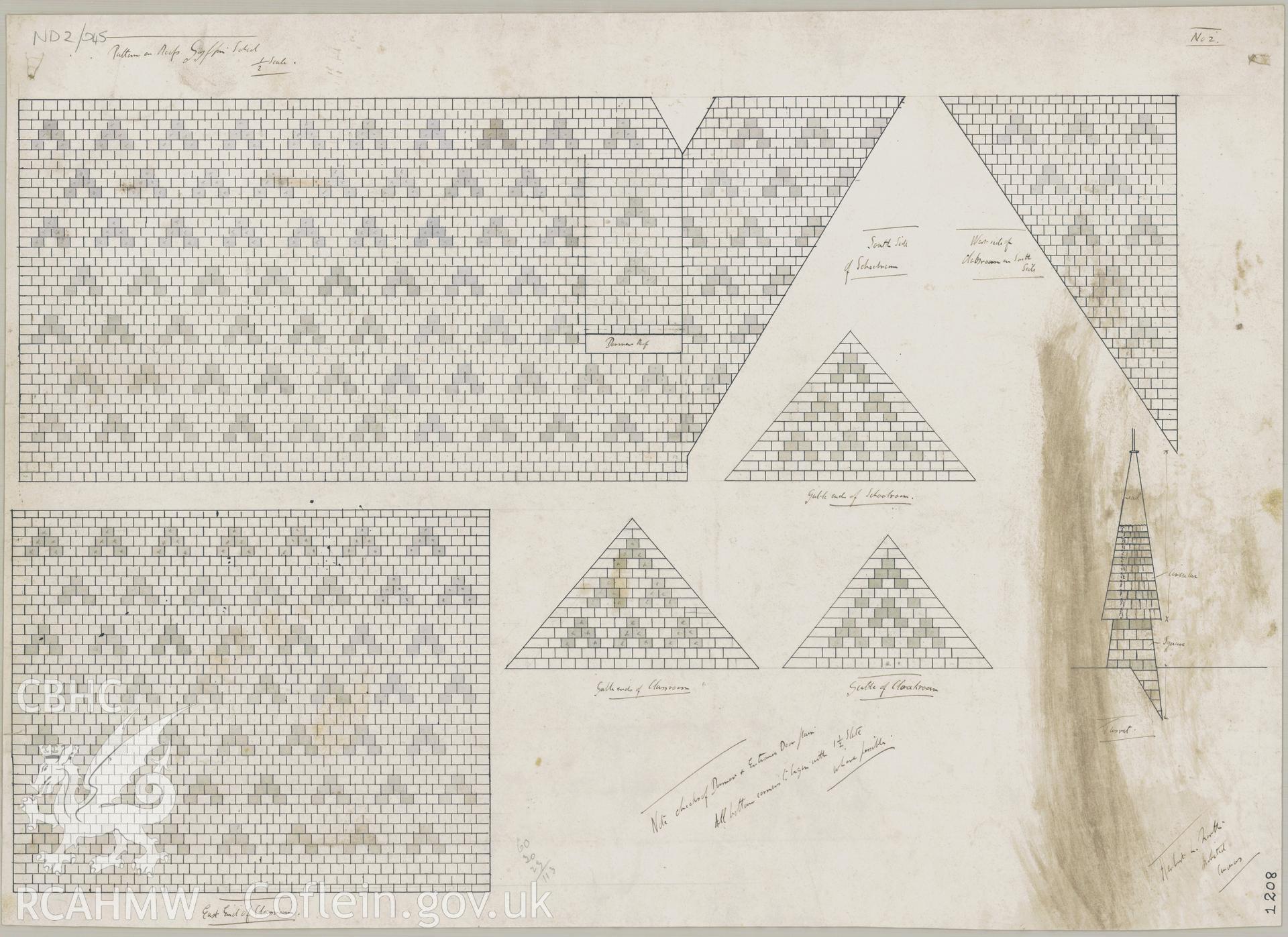 Plans for the pattern of decorative roofing for Gyffin National School, scale two feet to one inch, ink with grey wash on paper.