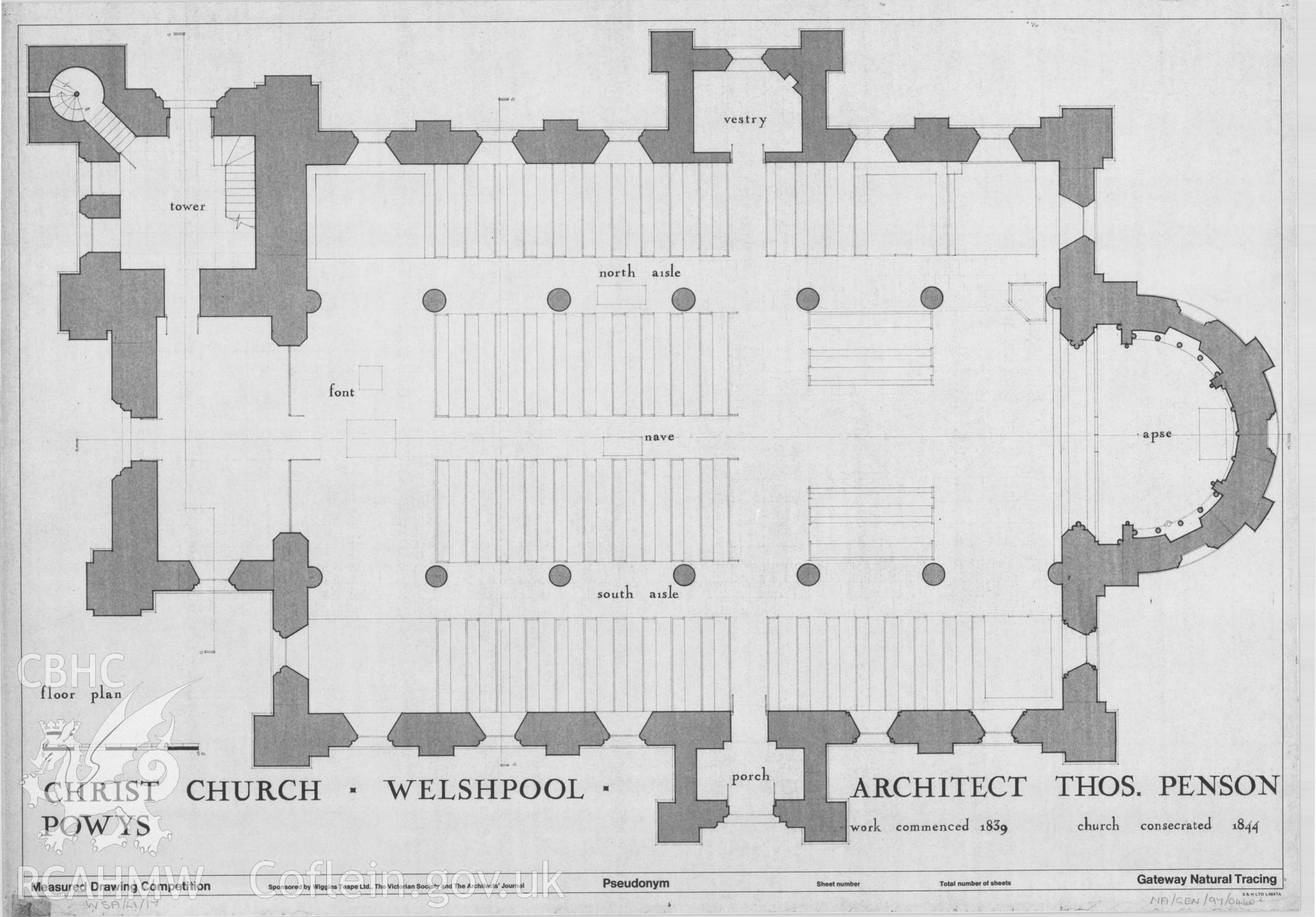 Measured drawing showing floor plan of Christ Church, Welshpool, produced by D. G. Lloyd, I. Rose and G. Usherwood, 1978