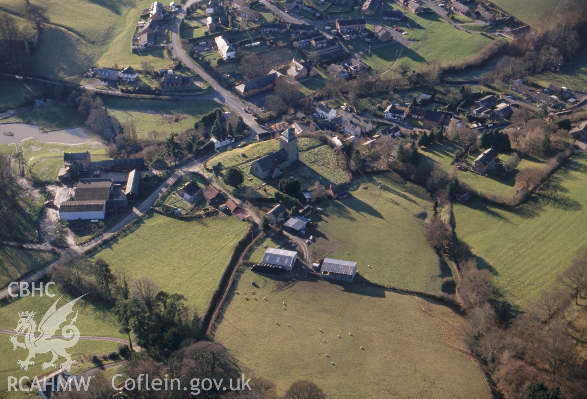 RCAHMW colour slide oblique aerial photograph of Bettws Cedewain, taken on 20/12/1998 by CR Musson