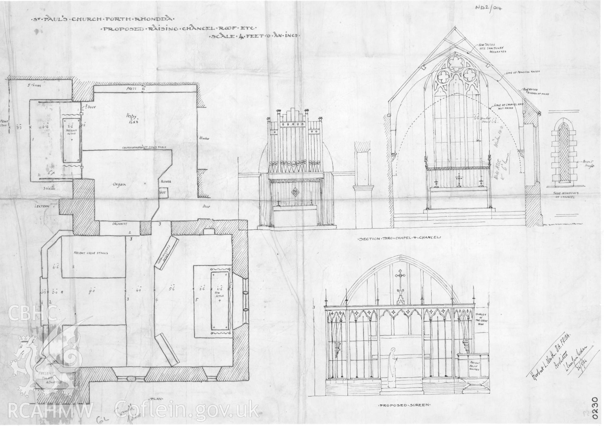 Plan and sections of a proposed raising of the chancel and roof of St Paul's Church, Porth, ink on paper, scale four feet to one inch.